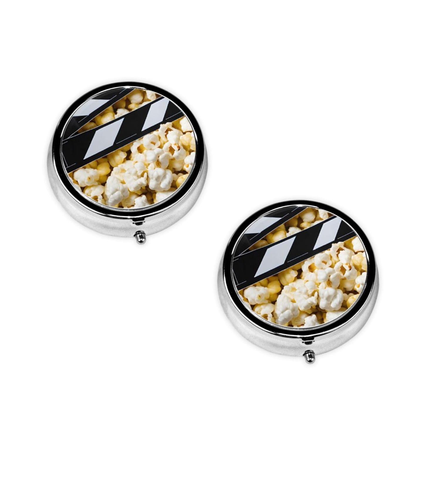 Cinema Movie Clapboard & Popcorn Round Pill Box - 3 Compartment Mini Decorative Travel Organizer for Medicine Tablets & Vitamins - Buy Online on GoSupps.com