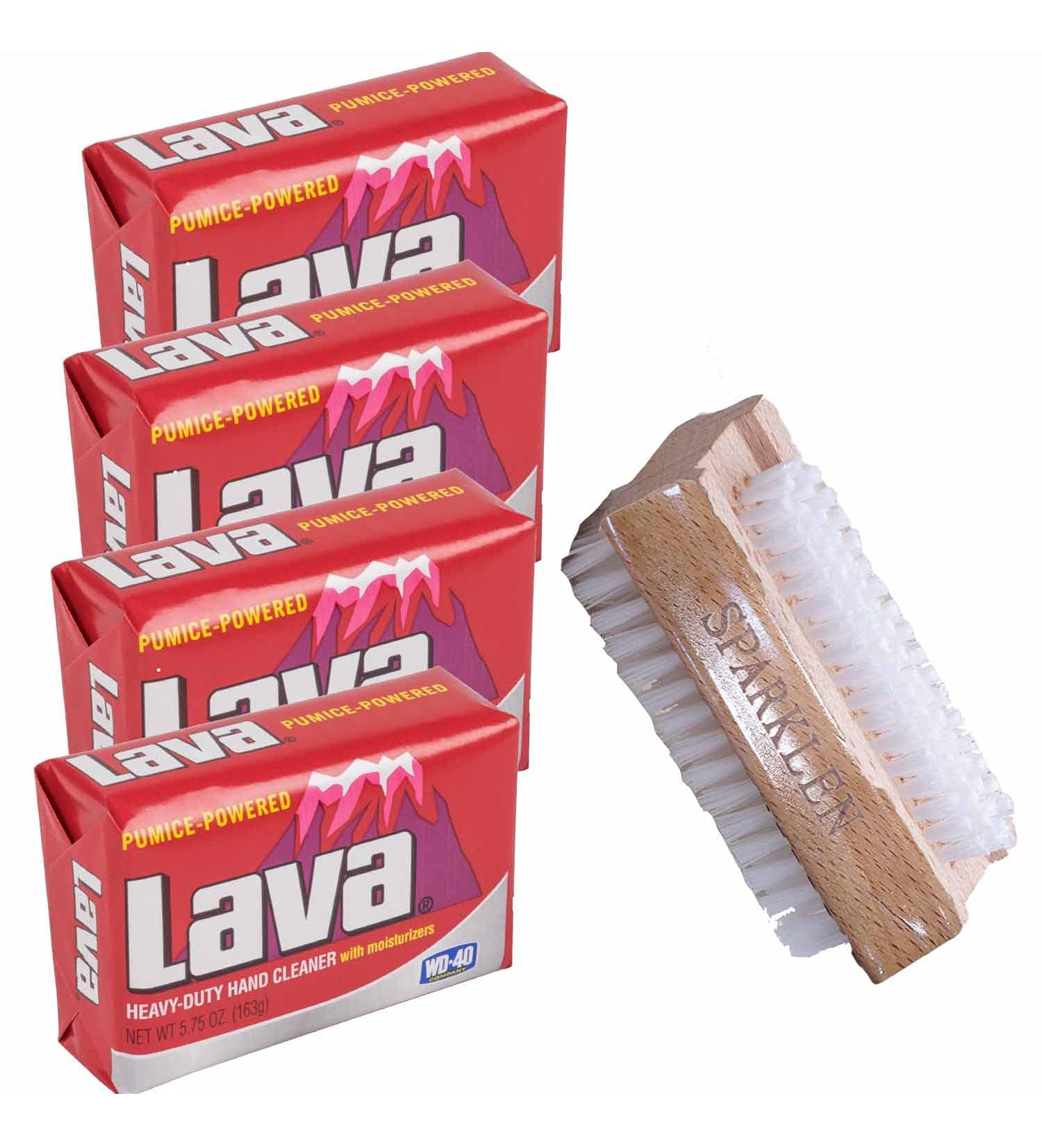Lava Heavy-Duty Pumice Hand Cleaner soap with Moisturizers 4-bars 5.75 OZ each with a Compatible Wooden Nail Brush