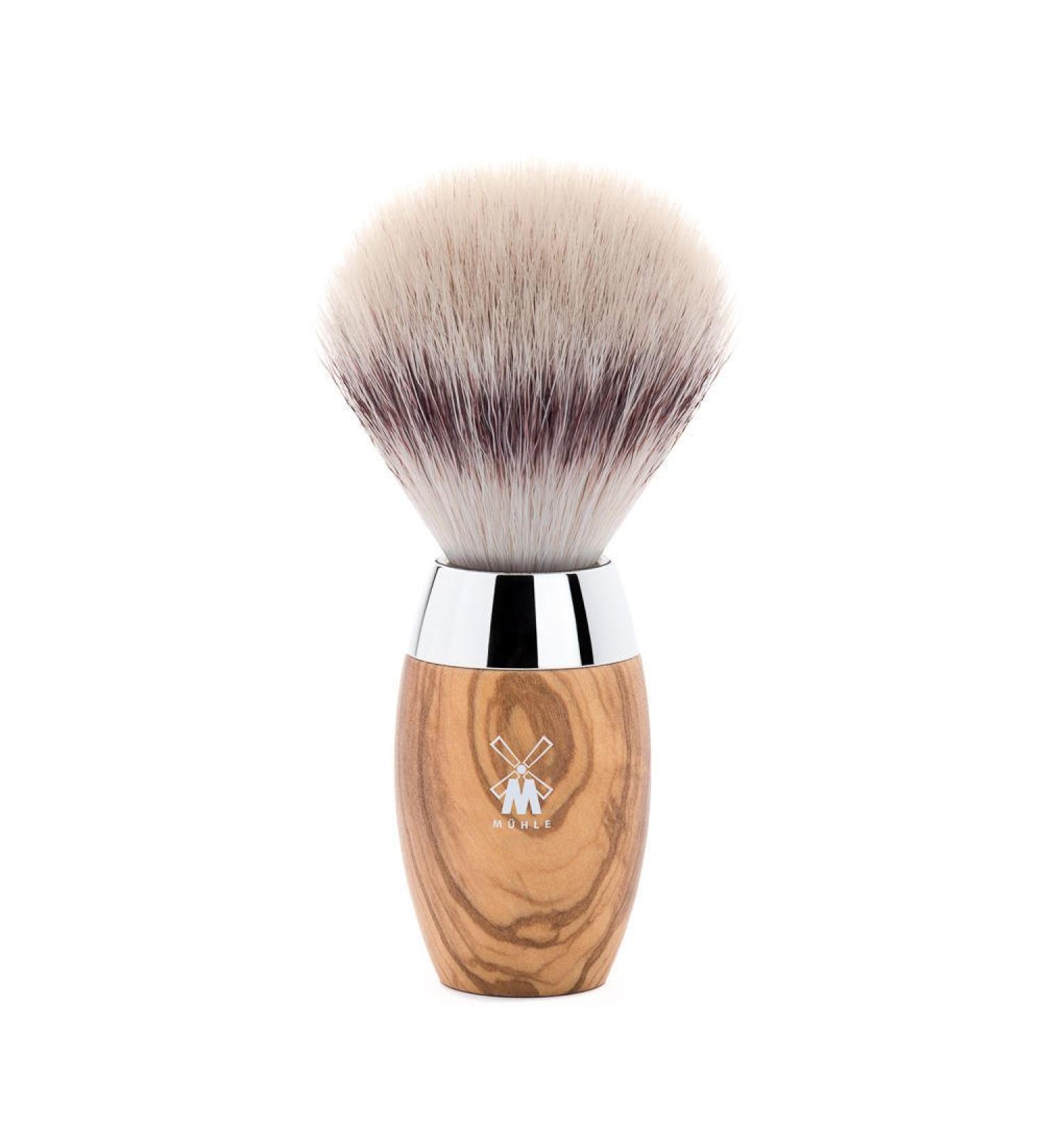 M HLE Kosmo shaving brush - shaving brush made of silvertip fibre - elegant olive wood handle - metal accents - handmade - vegan