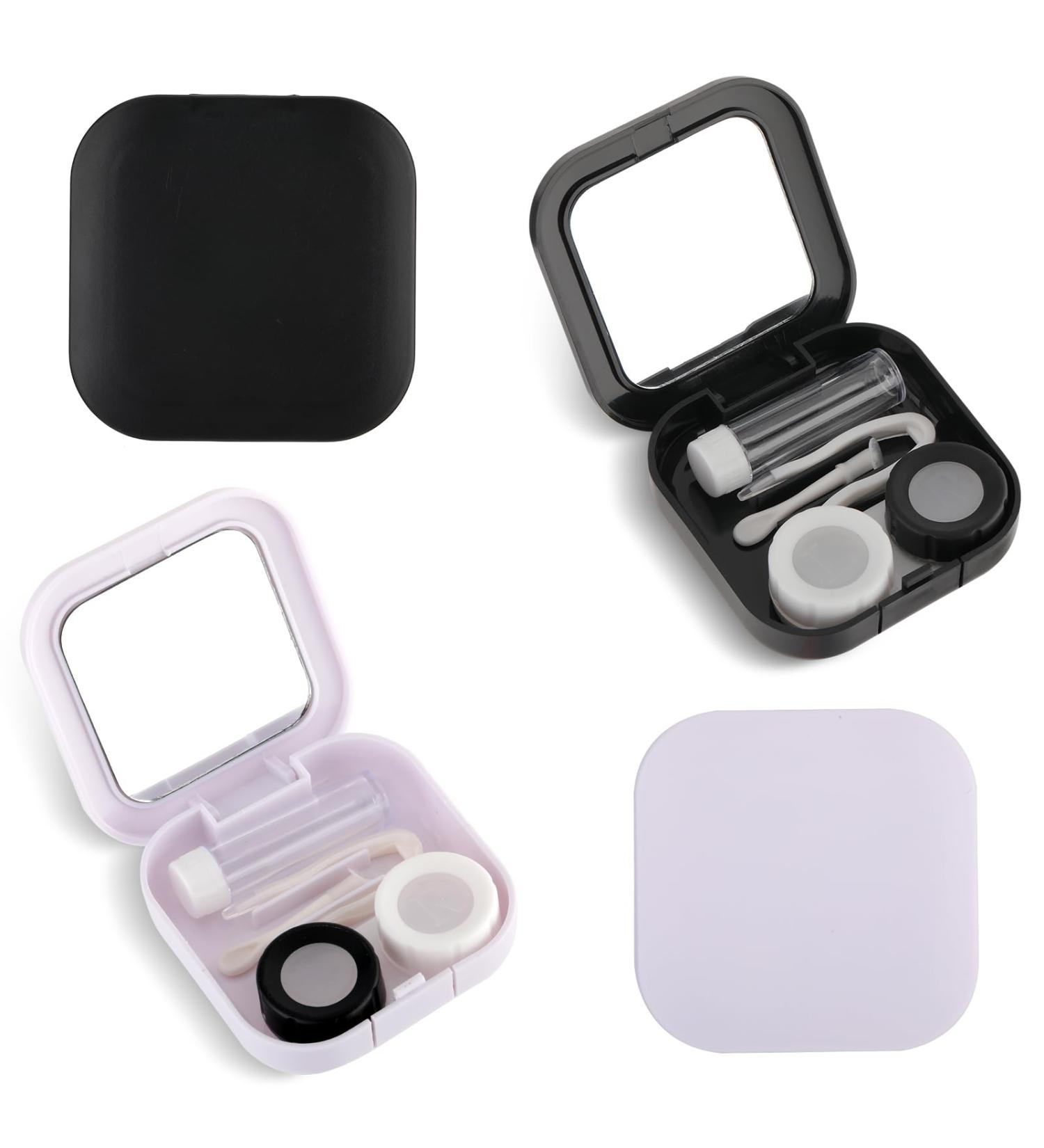 Amaxiu 2Pcs Contact Lens Case Cute Contact Lens Box Holder with Mirror Portable Soak Storage Kit with Remover Tool Tweezer Solution Bottle Colorful Contact Lens Container For Travel Home(White+Black) - Buy Online on GoSupps.com