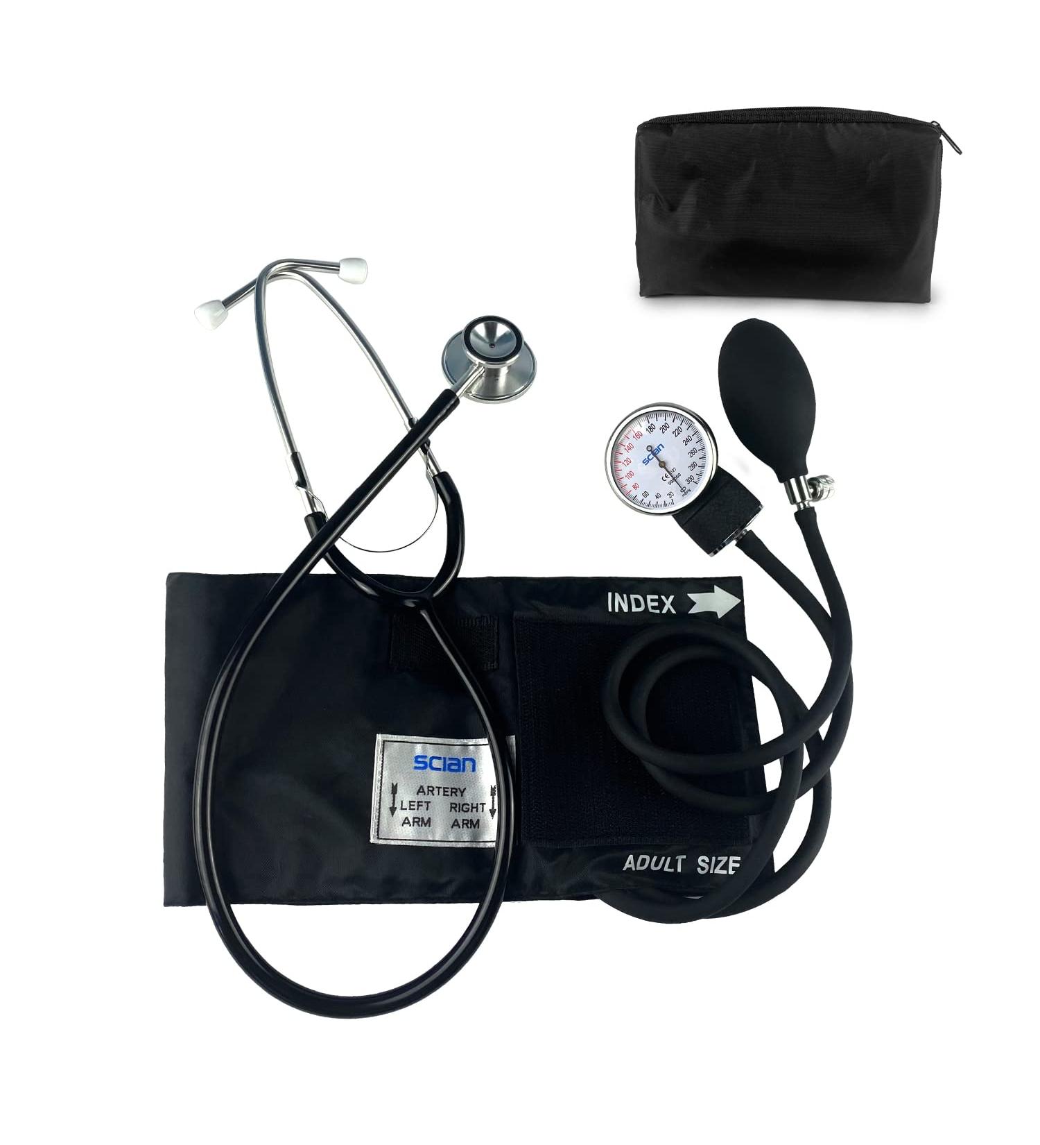 Scian Manual Blood Pressure Cuff Aneroid Sphygmomanometer with Adult Cuff and Dual Head Stethoscope - Professional BP Kit for Nurses & Doctors in Black - Buy Online on GoSupps.com