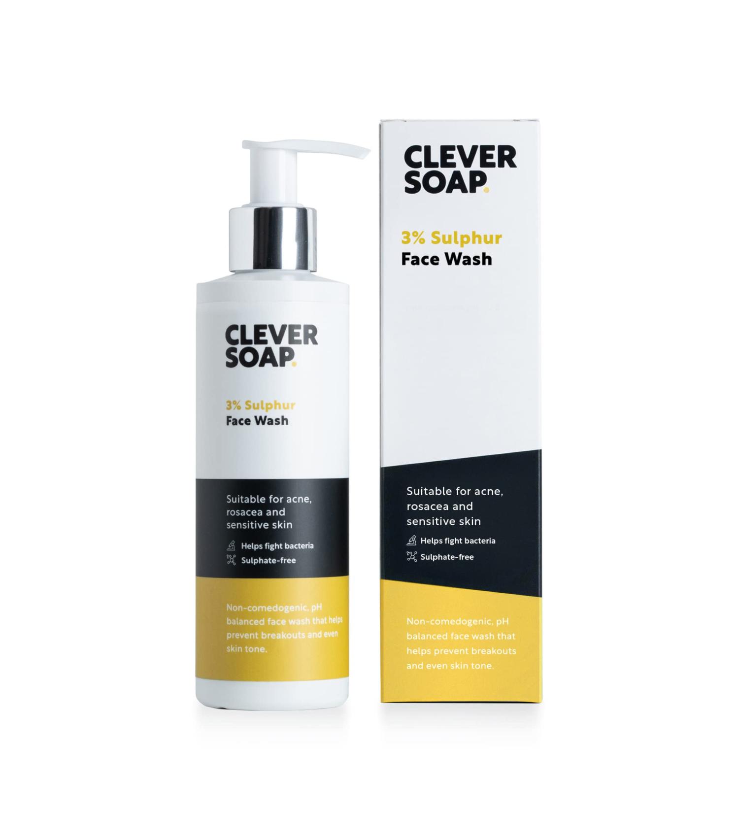 Clever Soap 3% Sulphur Face Wash for Blemish Control - Acne Rosacea & Oily Skin Exfoliating Cleanser - Antibacterial Sulfur Soap for Sensitive Skin - Fragrance Free - Buy Online on GoSupps.com