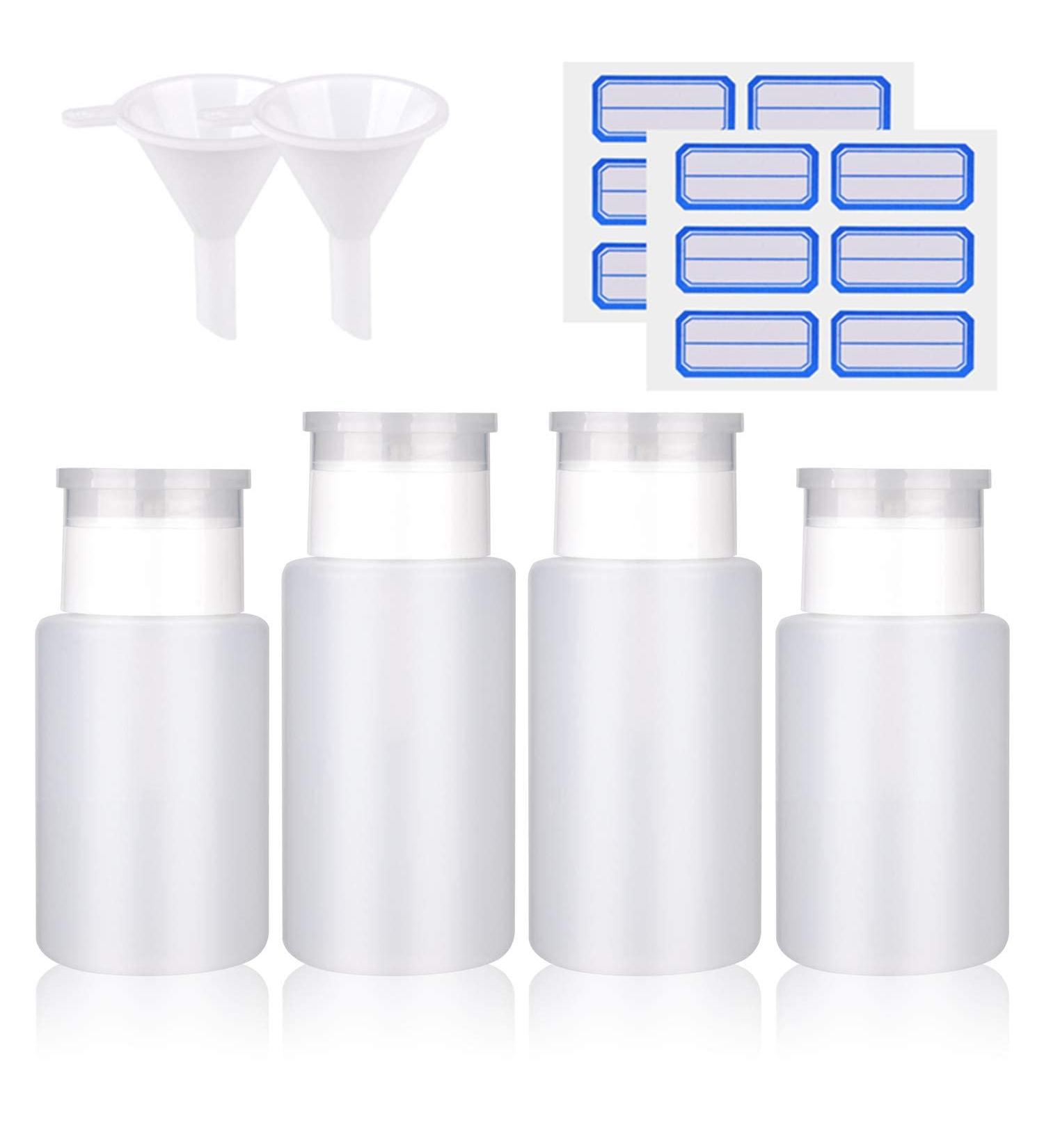 INFILILA Push Down Pump Dispenser Bottles Kit - 4PCS (2x180ml, 2x160ml) with Bonus Labels and Funnels - Ideal for Alcohol, Acetone, Polish, and Makeup Removal - Buy Online on GoSupps.com