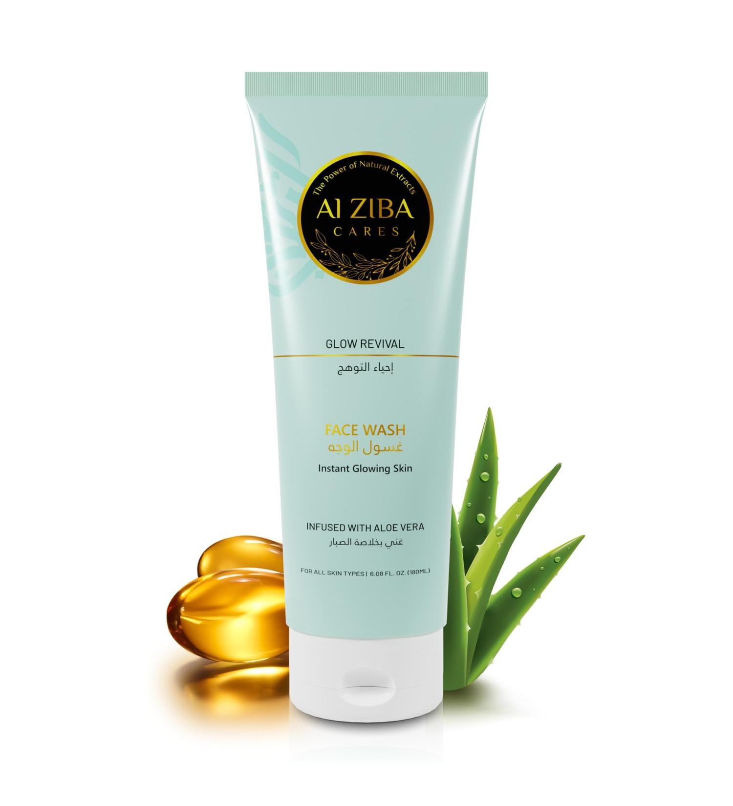 ALZIBA CARES Glow Revival Face Wash Infused with Aloe Vera and Vitamin E | Glycolic Acid for Glowing Skin | Brightening and Clear Skin Tone Facial Cleanser for Men & Women | 180ml - Buy Online on GoSupps.com