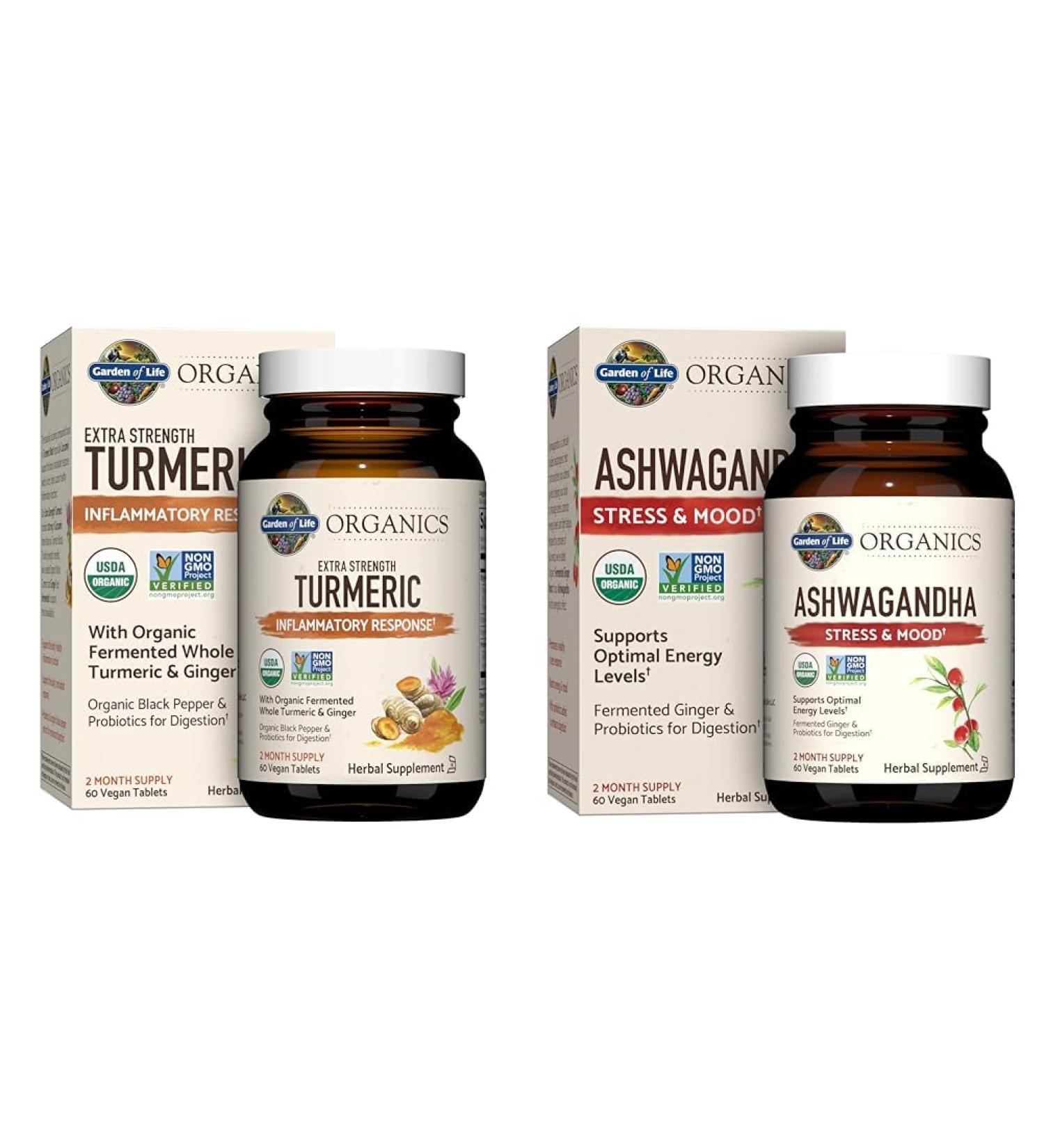 Garden of Life Organics Extra Strength 100mg Curcumin Turmeric 60 Tablets and Ashwagandha Stress & Energy Support 60 Tablets Bundle - Buy Online on GoSupps.com