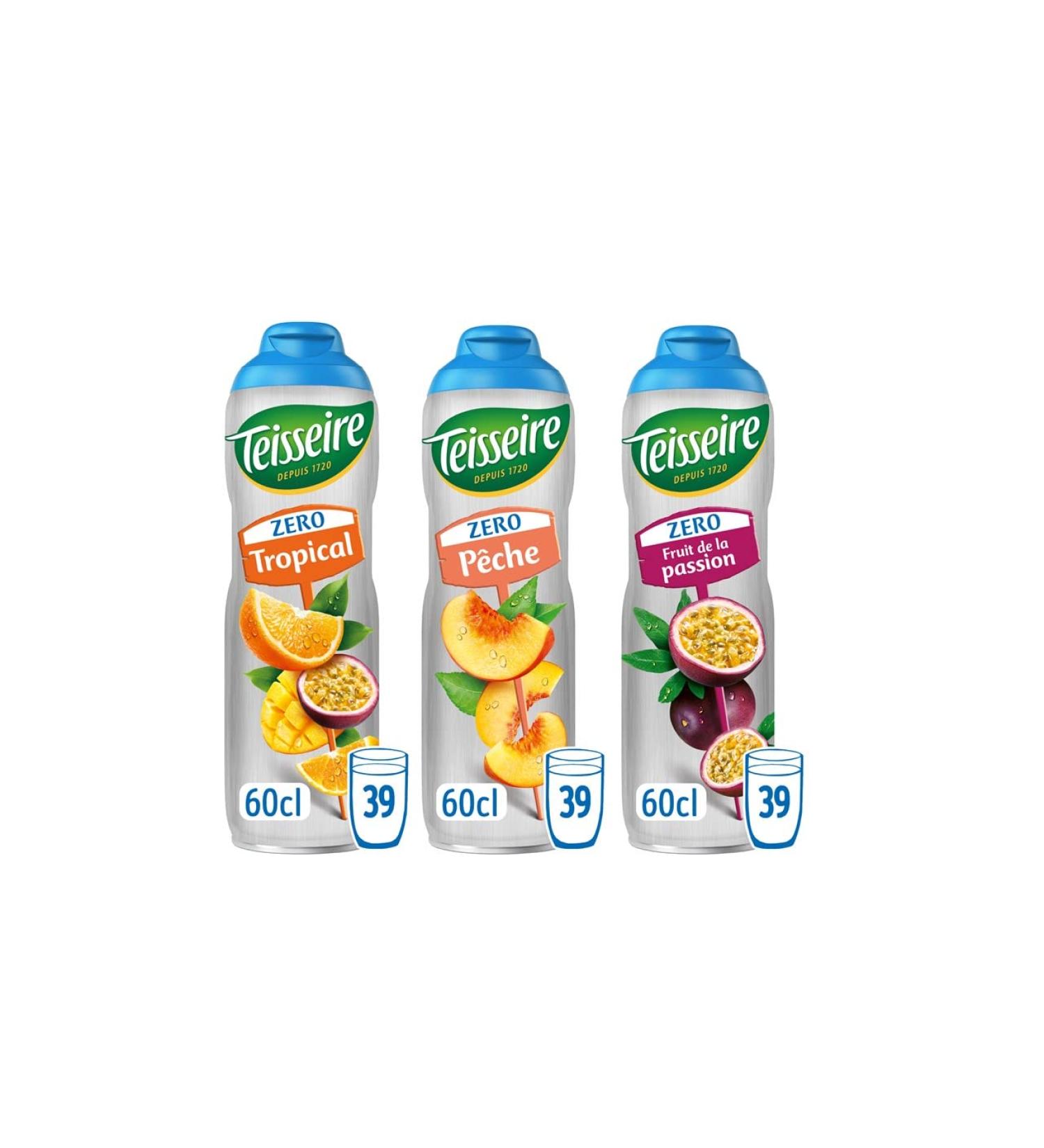 Teissir 3 Sirup Zero Sucres (tropical peach passion fruit) for refreshing drinks cocktails canisters recyclable 3 x 60 cl