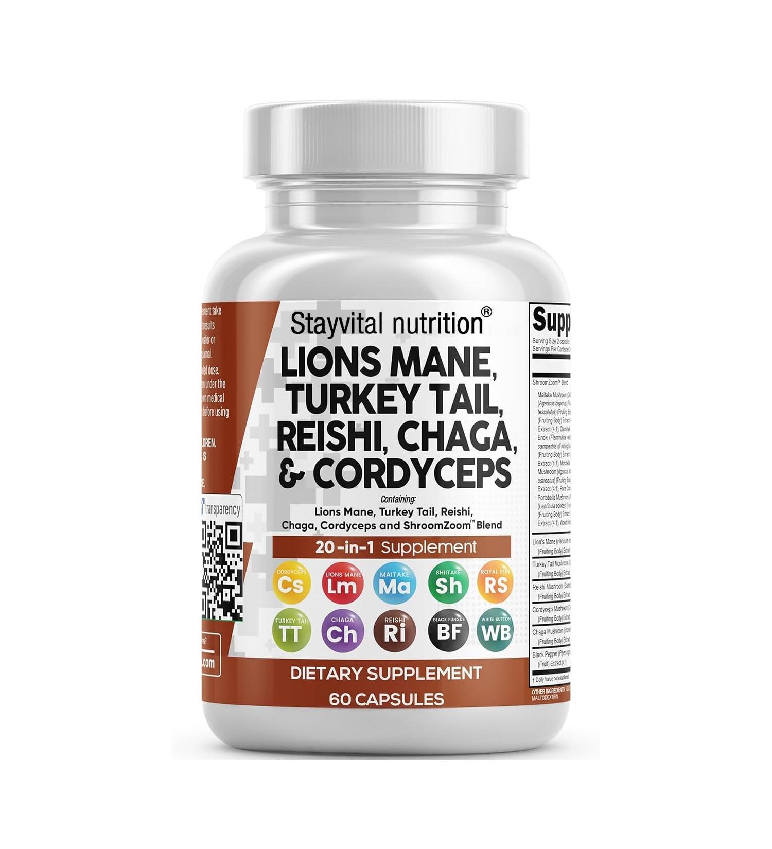 Stayvital Nutrition Organic Mushroom 20-in-1 Supplement 1200mg Vegan Capsules Organic Mushroom Blend Daily Wellness Support Plant-Based Supplement - Buy Online on GoSupps.com