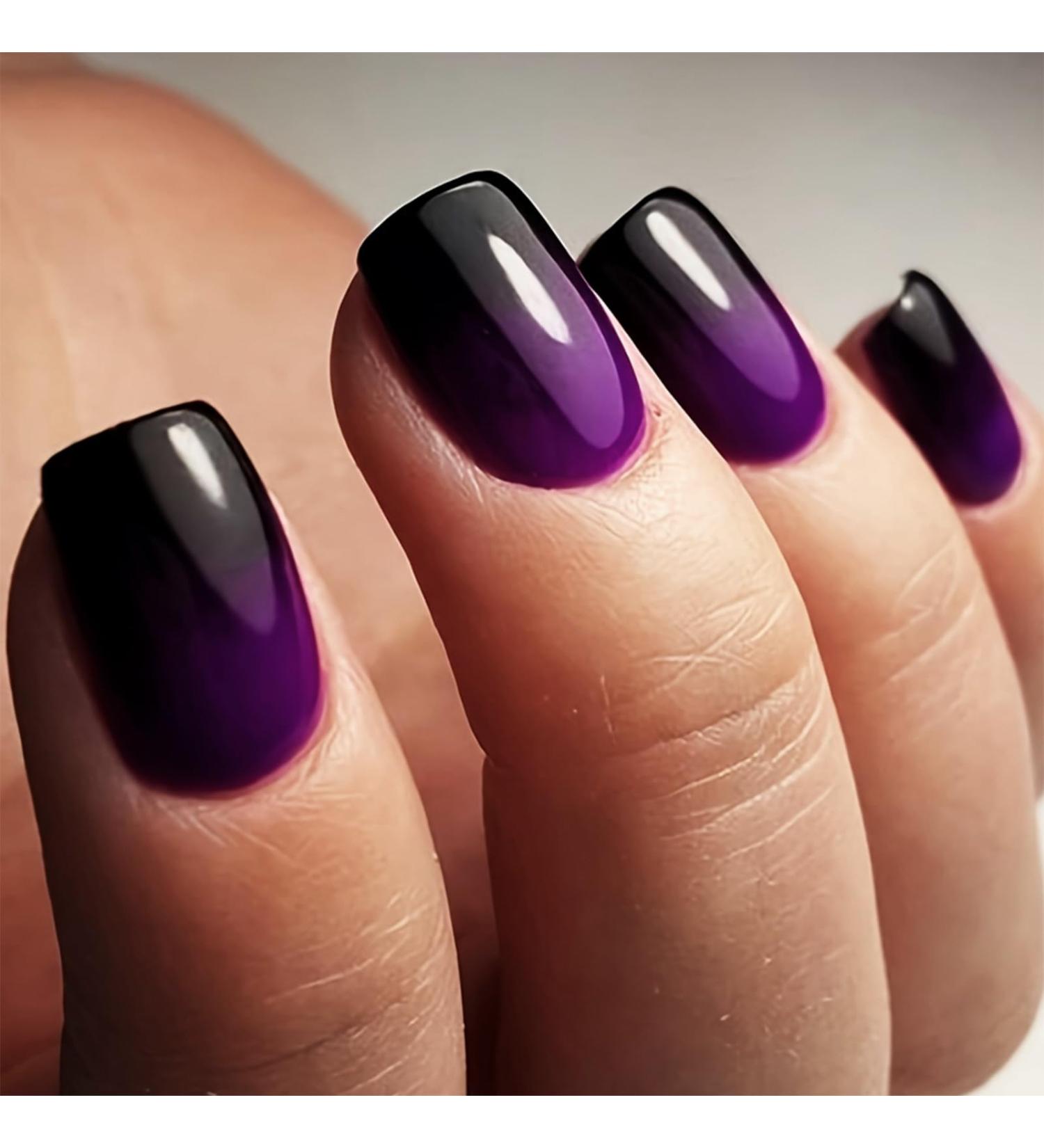 Gradient Purple Press On Nails - Short Square False Nails with Black French Tips | Glossy Full Cover Acrylic Nail Kit for Women & Girls - 24Pcs - Buy Online on GoSupps.com