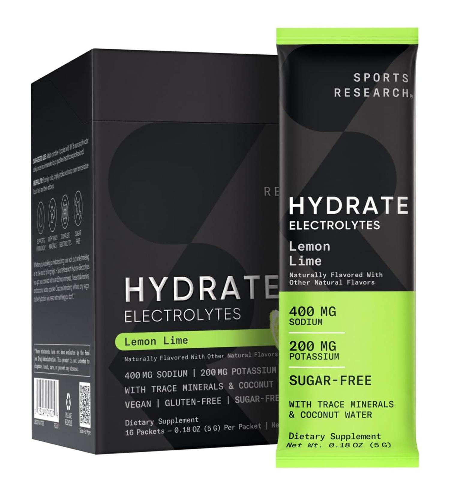 Buy Sports Research Hydrate Electrolytes Powder - Sugar-Free Lemon Lime - 16 Packets - Supports Hydration with Vitamins & Coconut Water - Buy Online on GoSupps.com