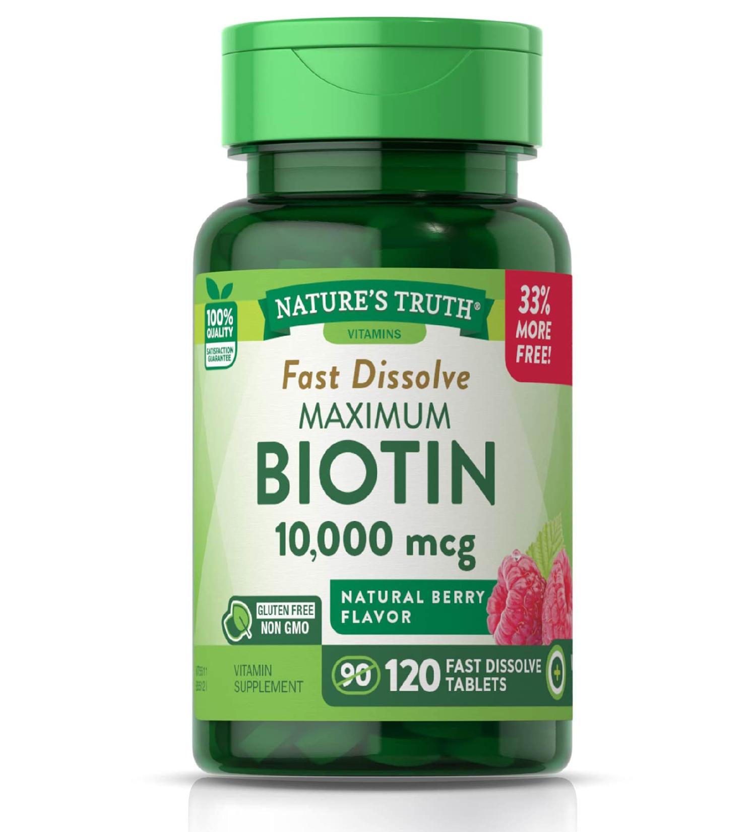 Nature's Truth Biotin 10000mcg 120 Fast Dissolve Tablets - Maximum Strength Hair Skin and Nails Supplement - Natural Berry Flavor - Vegetarian Non-GMO Gluten Free - Buy Online on GoSupps.com