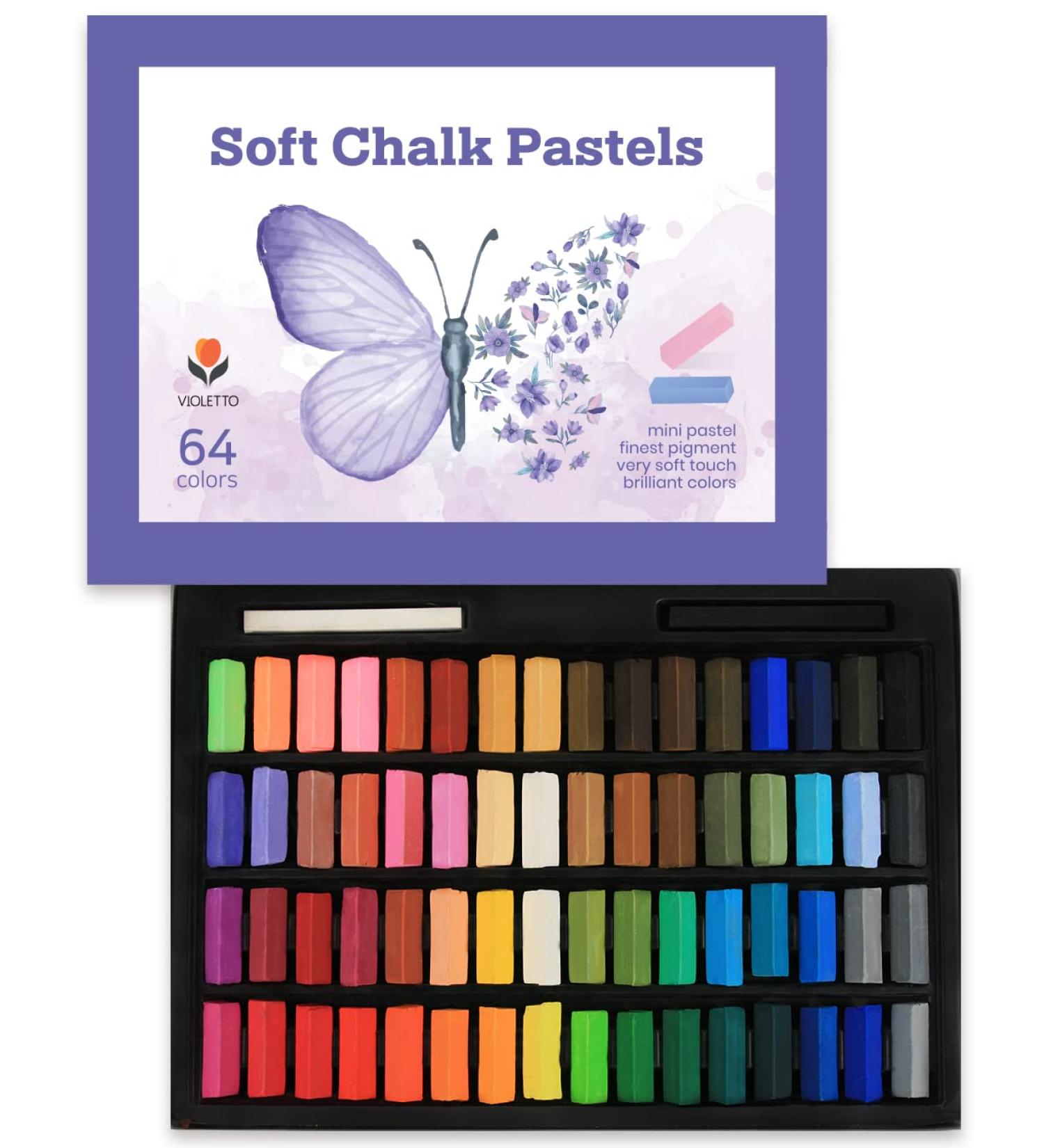 VIOLETTO Soft Chalk Pastels Set - 64 Colors + 2 Sticks - Non Toxic Dry Square Pastels for Artists, Kids, and Adults - Perfect for Painting and Hair Chalk - Short Pastels - Buy Online on GoSupps.com