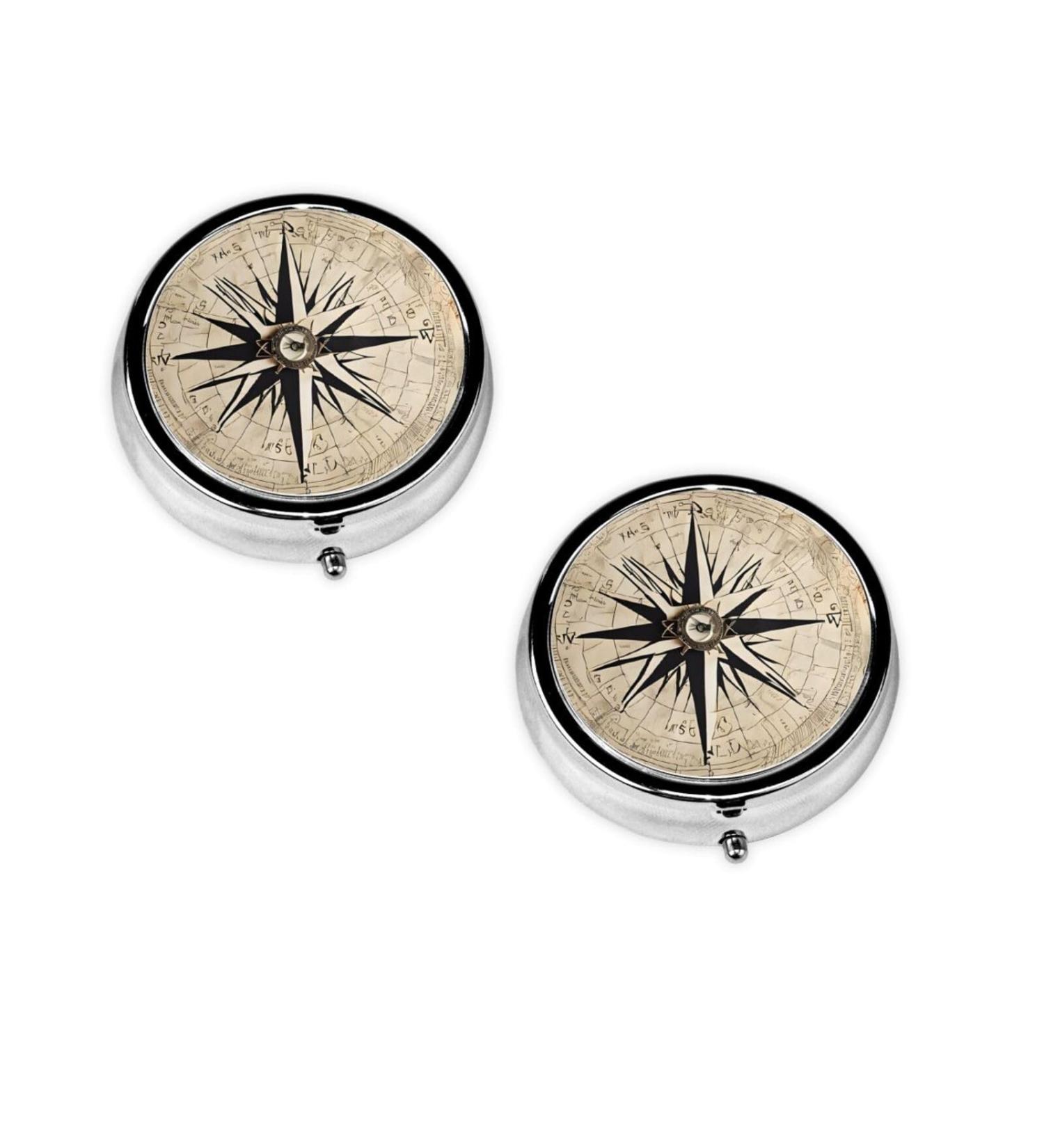 Compass Map Nautical Round Pill Box | 3 Compartment Travel Organizer for Vitamins & Medicine - Buy Online on GoSupps.com