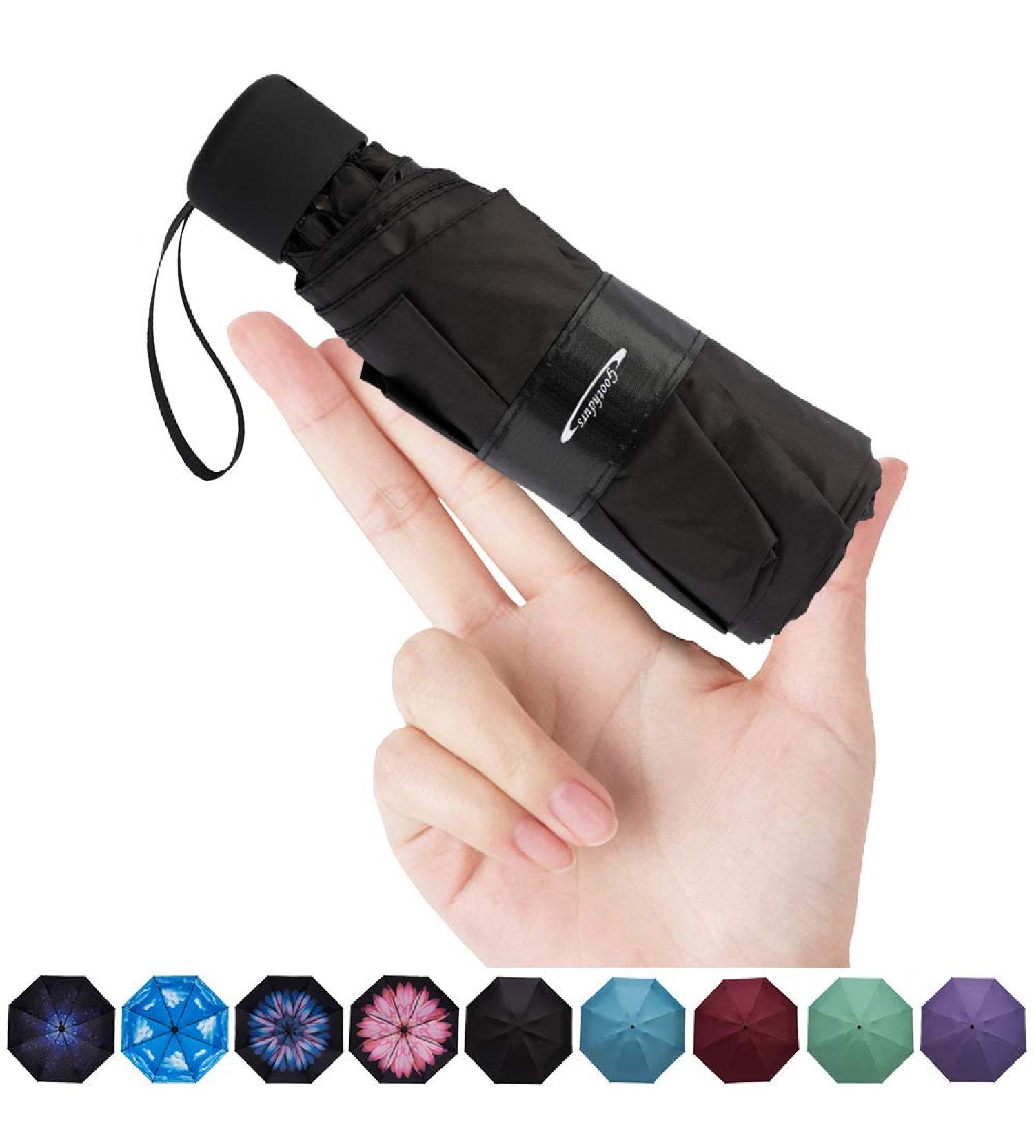 Goothdurs Mini Travel Compact Windproof Umbrella - Small Folding Lightweight Sun & Rain Umbrellas with 95% UV Protection for Women Men A1_Black - Buy Online on GoSupps.com