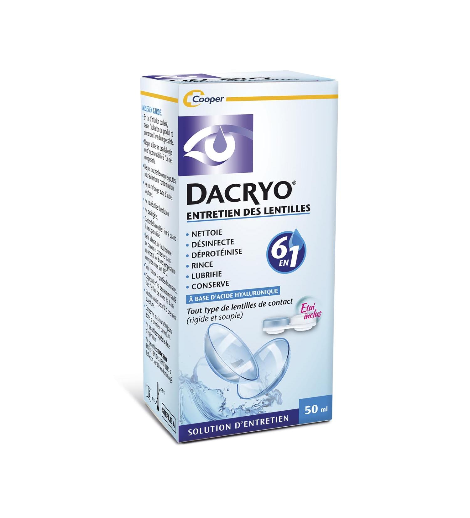 DACRYO- Solution d'entretien des lentilles 6 en 1 - Nettoie d sinfecte d prot nise rince lubrifie conserve - Lentilles de contact - Acide Hyaluronique - Etui inclus - Flacon-Format voyage 50 ml - Buy Online on GoSupps.com