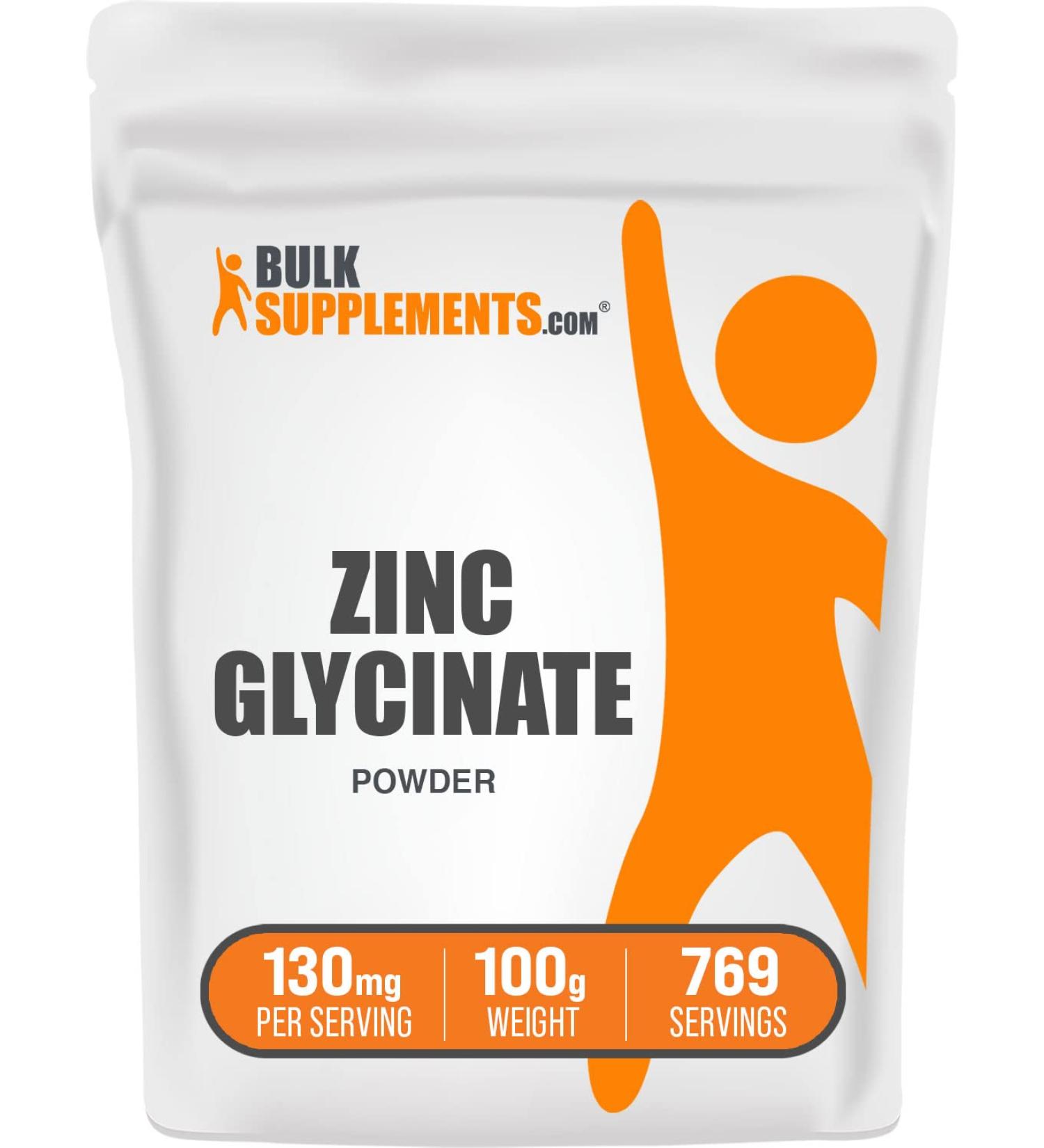 Zinc Glycinate Powder 40mg - Pure Zinc Supplement for Immune Support - 100g (3.5oz) - BulkSupplements.com - Buy Online on GoSupps.com
