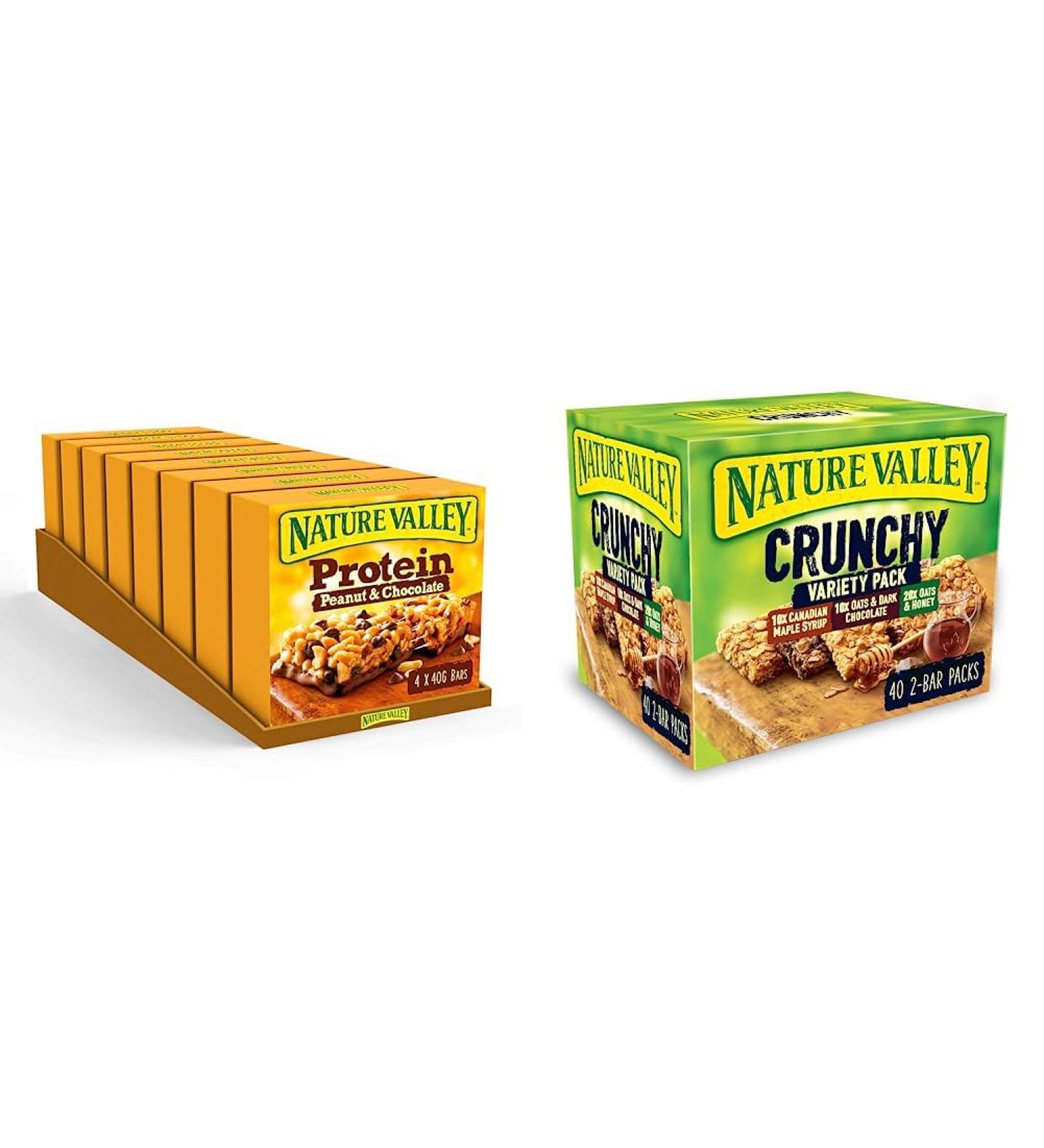 Nature Valley Protein Peanut & Chocolate Gluten Free Cereal Bars 4 x 40g (Pack of 8 total 32 Bars) & Crunchy Granola Bars Variety Pack of 40 Bars - Buy Online on GoSupps.com