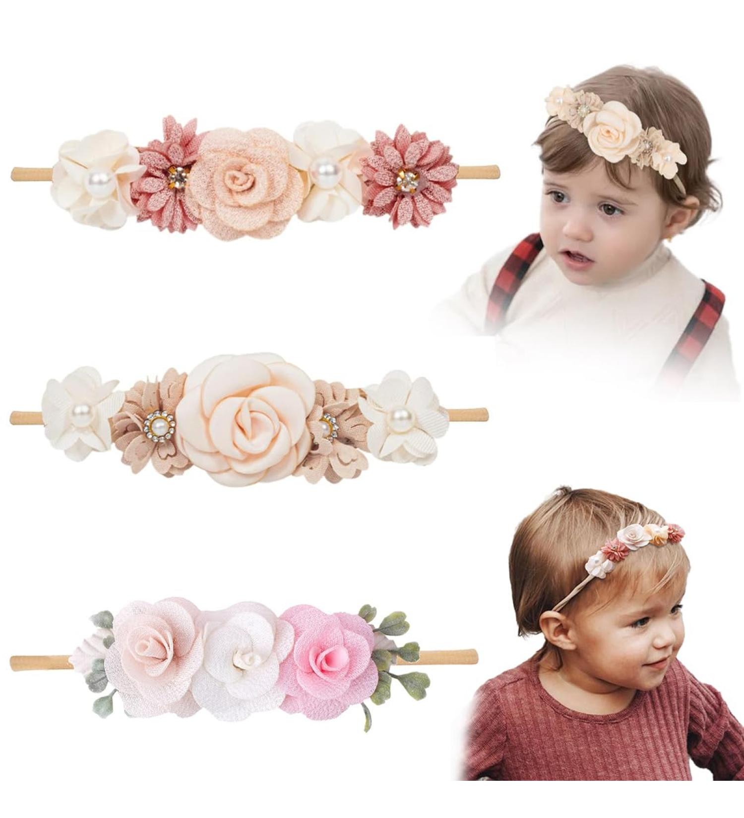 3 Pack Elastic Baby Headbands with Pearl Rhinestones - Stylish Hair Accessories for Newborns & Toddlers | Soft Nylon Flower Design for Baby Girls - Buy Online on GoSupps.com