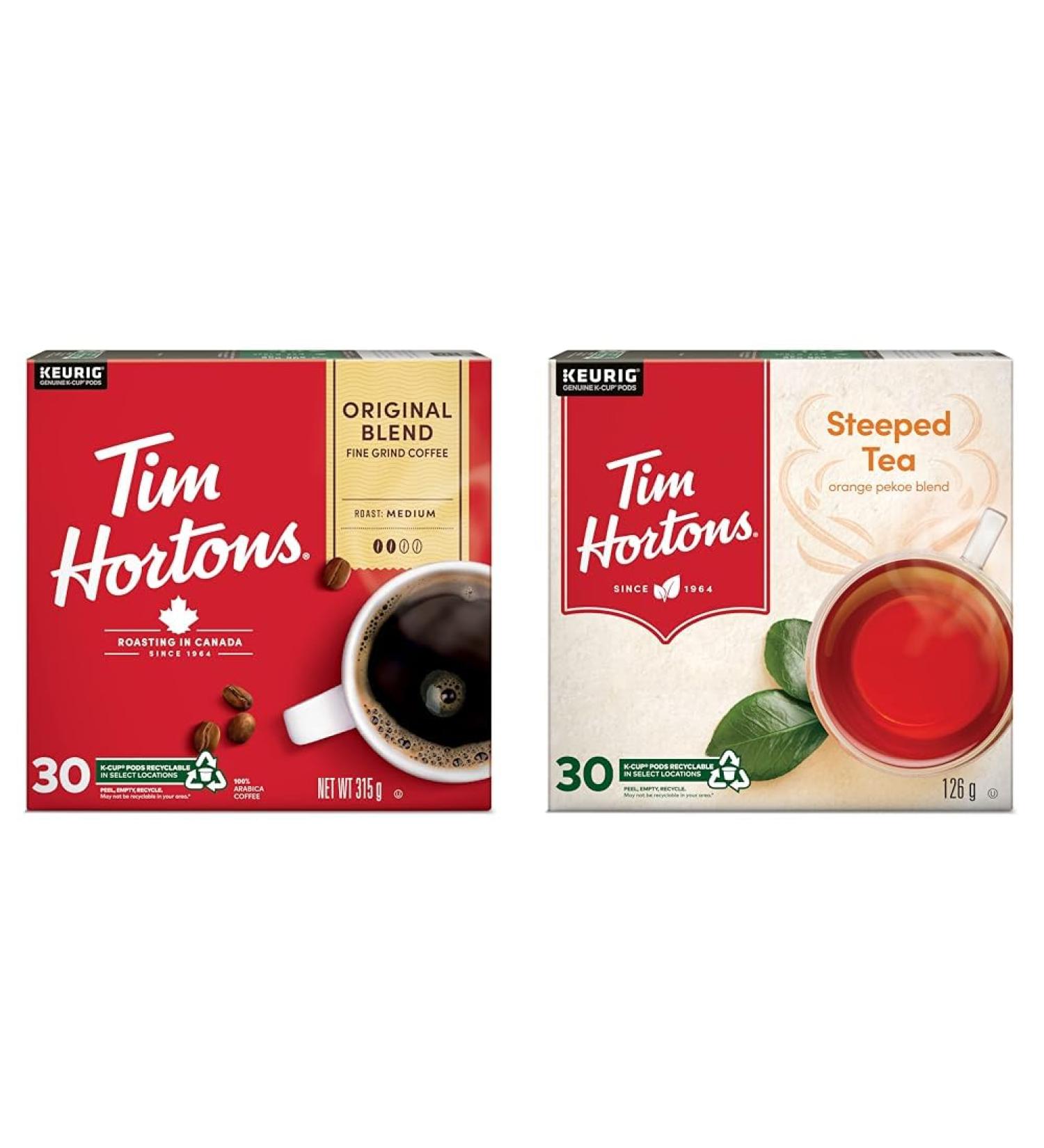 Tim Hortons Original Blend Coffee Single Serve K-Cup Pods Medium Roast 30ct Pack & Steeped Orange Pekoe Tea Single Serve Keurig K-Cup Pods 30 Count - Buy Online on GoSupps.com
