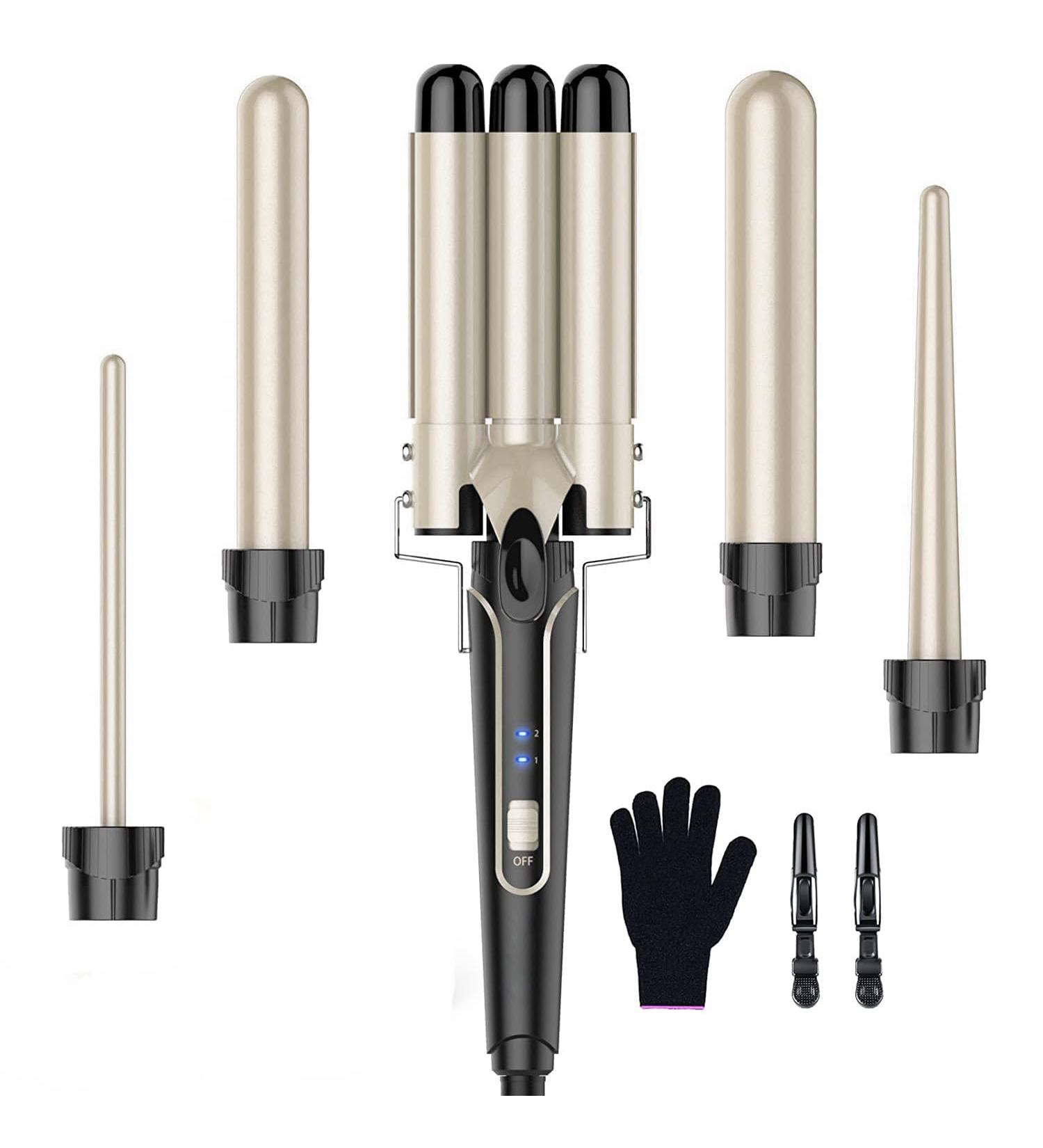 Lockenstab Set 5 in 1 - Curly Bars 3 Barrels for Large Curls Ceramic Curlers with Temperature Adjustment Fast Heating Gloves & Clips - Gold - Buy Online on GoSupps.com