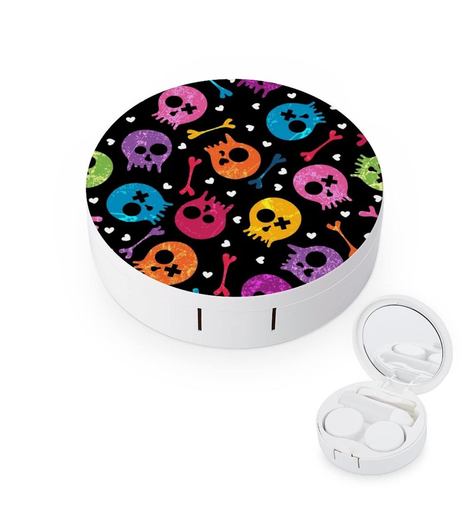 Colored Skull Round Case For Contact Lens Kit Storage Box with Mirror Printed - Buy Online on GoSupps.com