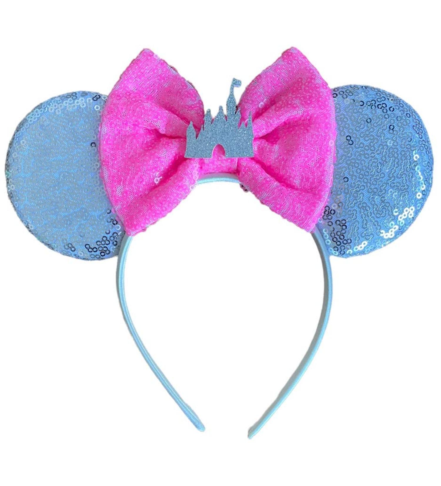 Disney Castle Minnie Silver Mouse Inspired Alice Headband With Big Pink 5" Sequin Top Bow Handmade