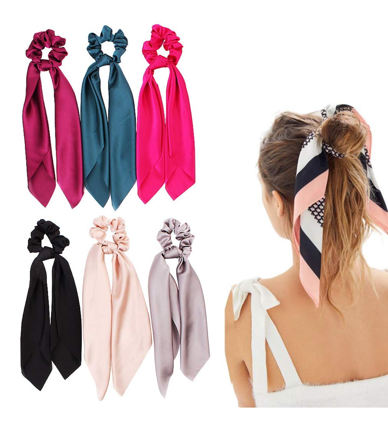 Satin Hair Scrunchies with Bow - 6 Pcs Solid Colors | Silk Elastic Hair Bands for Ponytail Holder - Buy Online on GoSupps.com