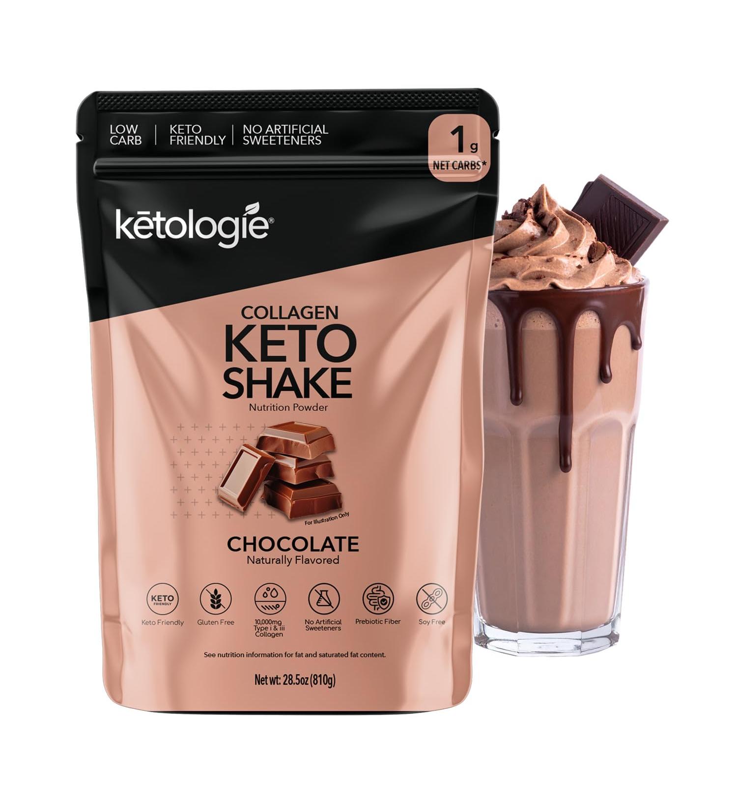 Ketologie Keto Collagen Shake (Chocolate) - with Coconut Oil, Prebiotics, Grass Fed Hydrolyzed Collagen Peptides Type I & III, Low Carb, Gluten Free,1.78lbs. (810g) - Buy Online on GoSupps.com