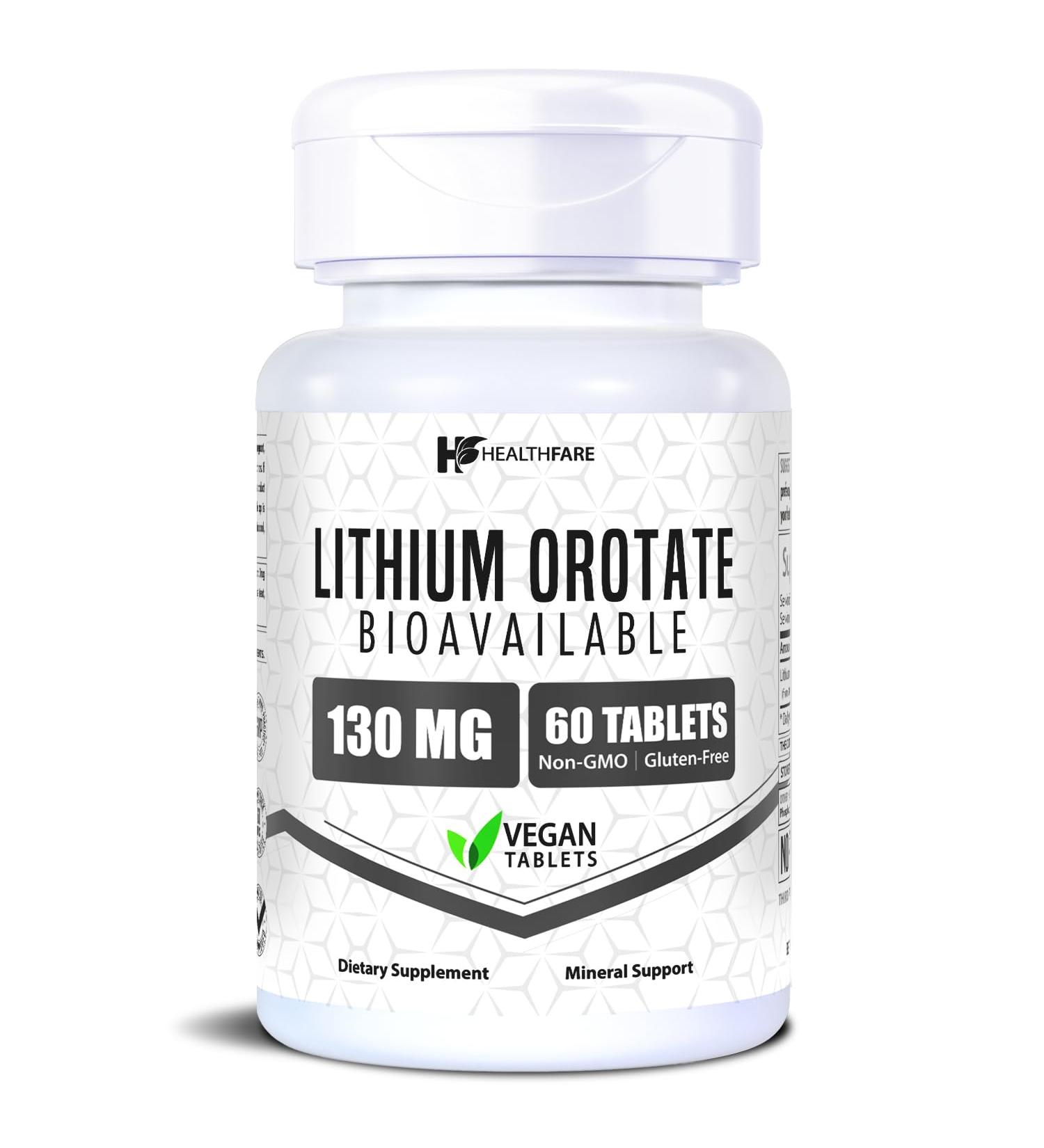 HealthFare Lithium Orotate Supplement 130mg | 60 Vegetarian Tablets | High Bioavailability Trace Mineral | Mood Brain & Memory Support | Non-GMO Gluten-Free | Made in USA - Buy Online on GoSupps.com
