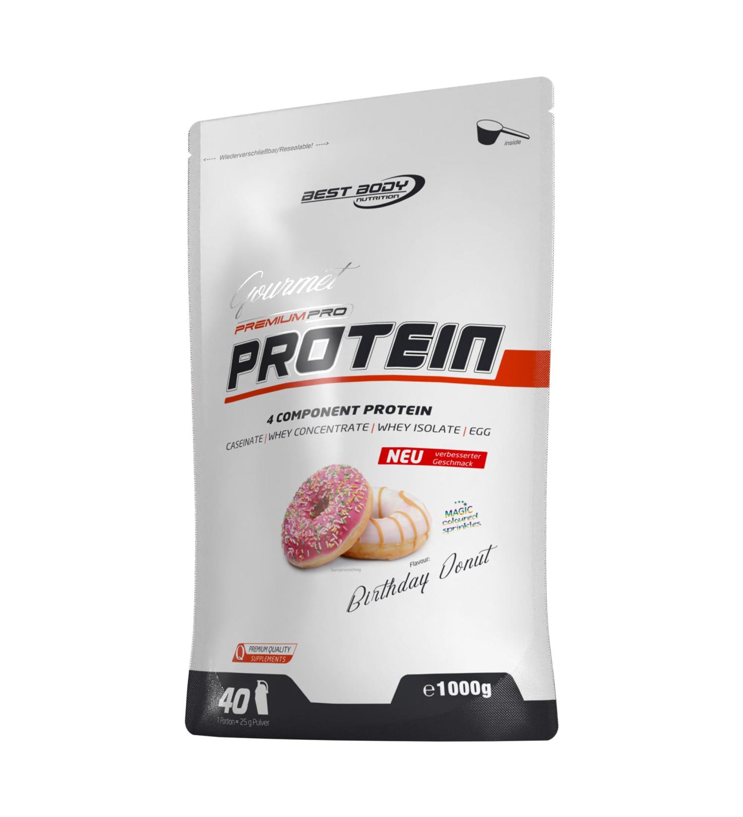 Best Body Nutrition Gourmet Pro Protein Shake - Birthday Donut Flavor 1kg | Caseinat Whey Isolate & Egg Protein - Premium 4-Component Formula - Buy Online on GoSupps.com