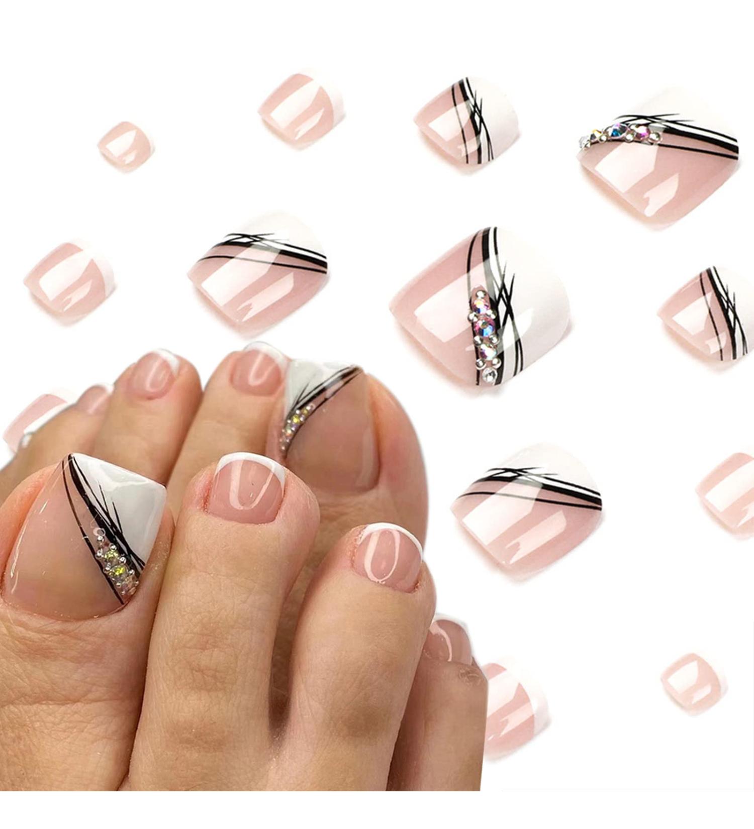 DIDUIKALOR Pink French Press Rhinestone Design False Toenails - 24Pcs Square Acrylic Nails for Women and Girls - Buy Online on GoSupps.com