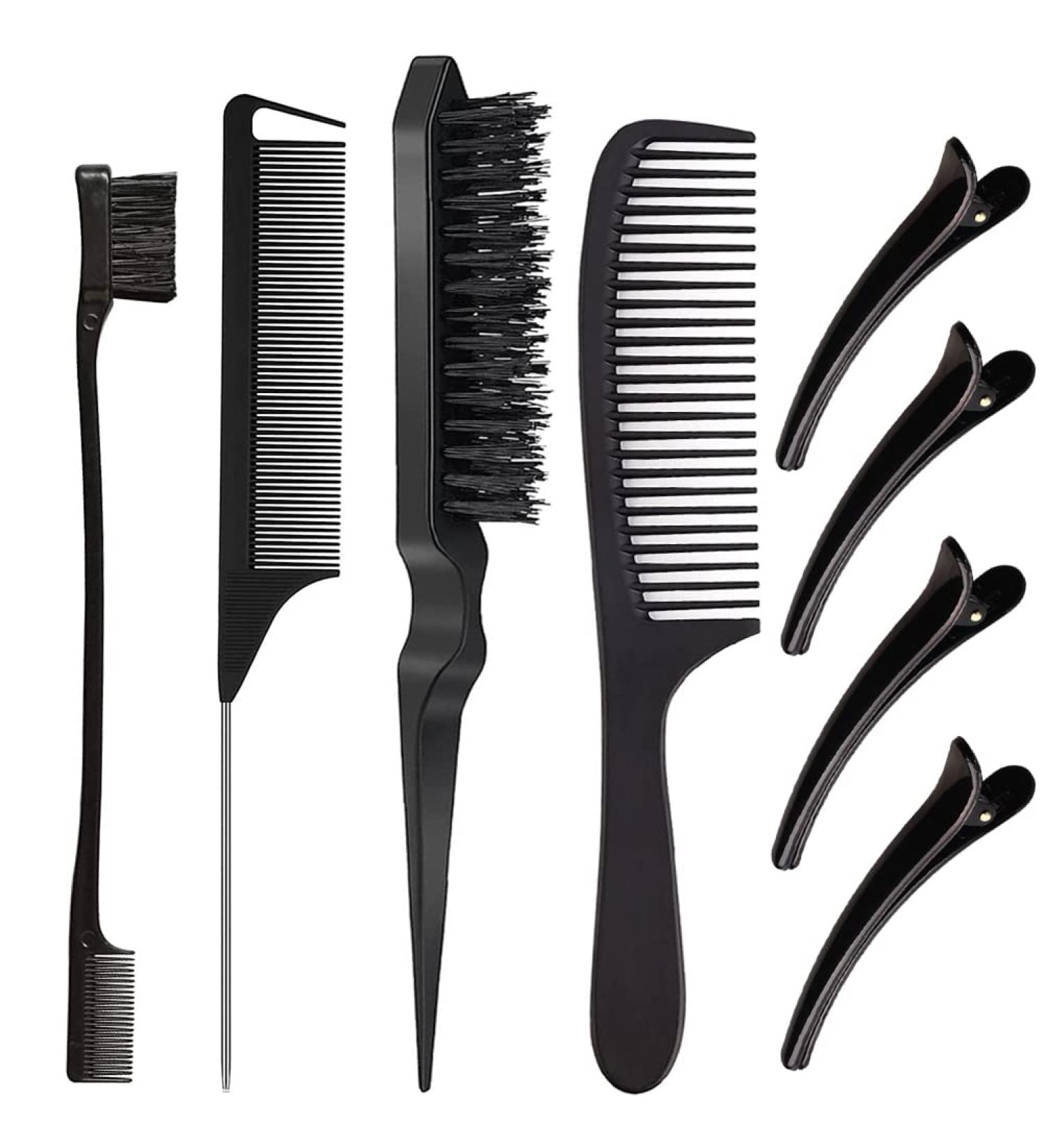 8 Piece Teasing Hair Brush Set with Comb and Clips - Ideal for Styling and Slicking Hair (Black) - Buy Online on GoSupps.com