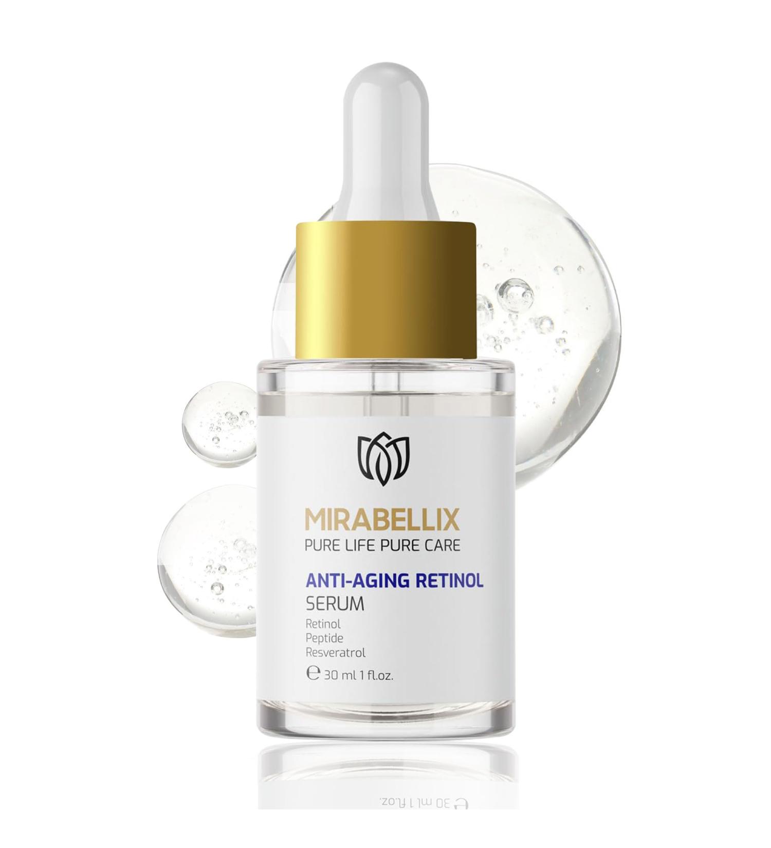 Mirabellix Anti-Aging Retinol Serum 30ml With Peptide Resveratrol & Vitamin A Reduces Fine Lines & Wrinkles Improves Skin Elasticity & Even Tone For Dry Oily & Normal Skin - Buy Online on GoSupps.com