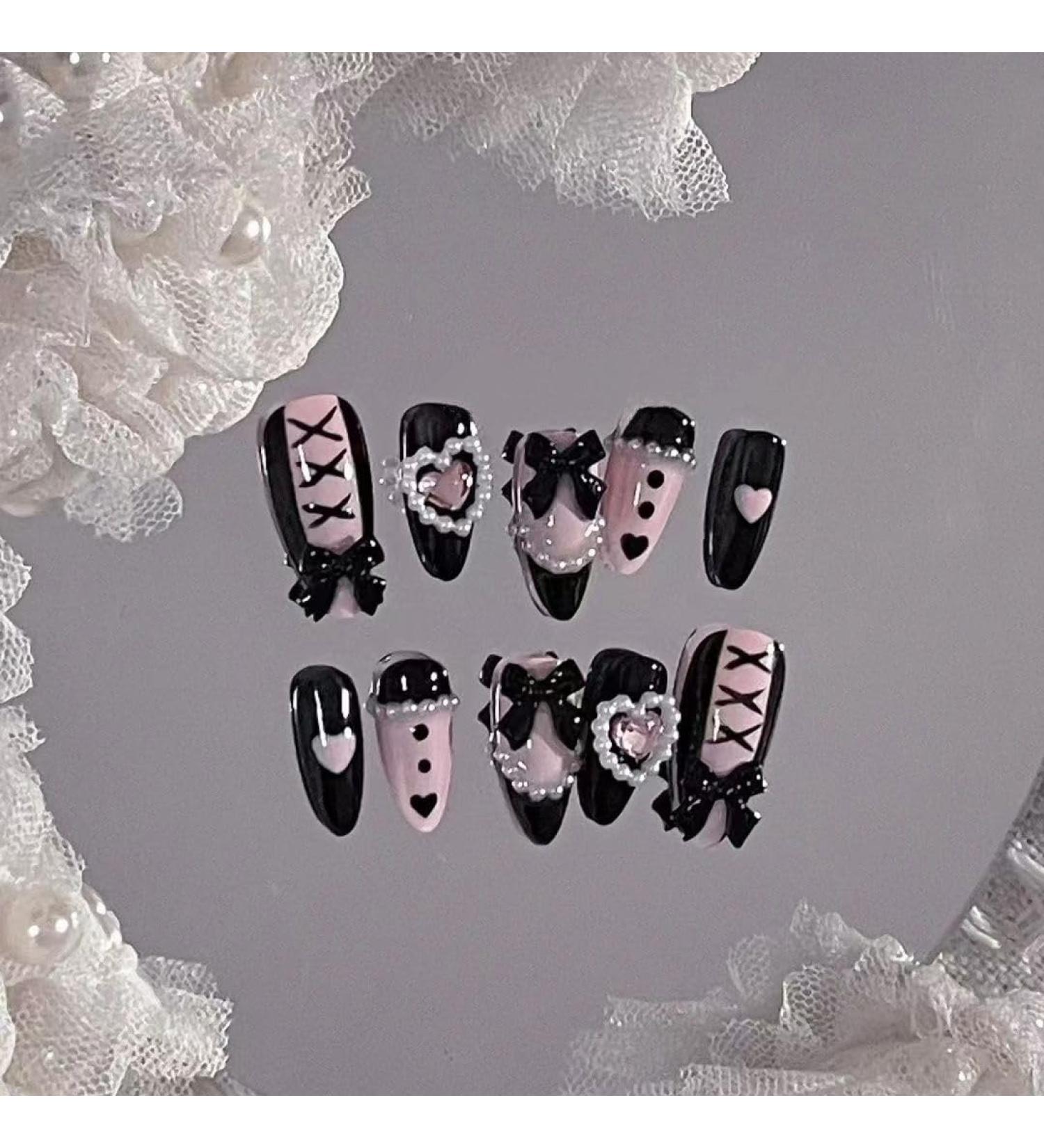 Temperament Enhancement Nail Patch Hand-Made Fake Nails Patch Black Powder Mine is a Lovely Love Bow lace Armor (10-Piece Pack). (Size : S) Small