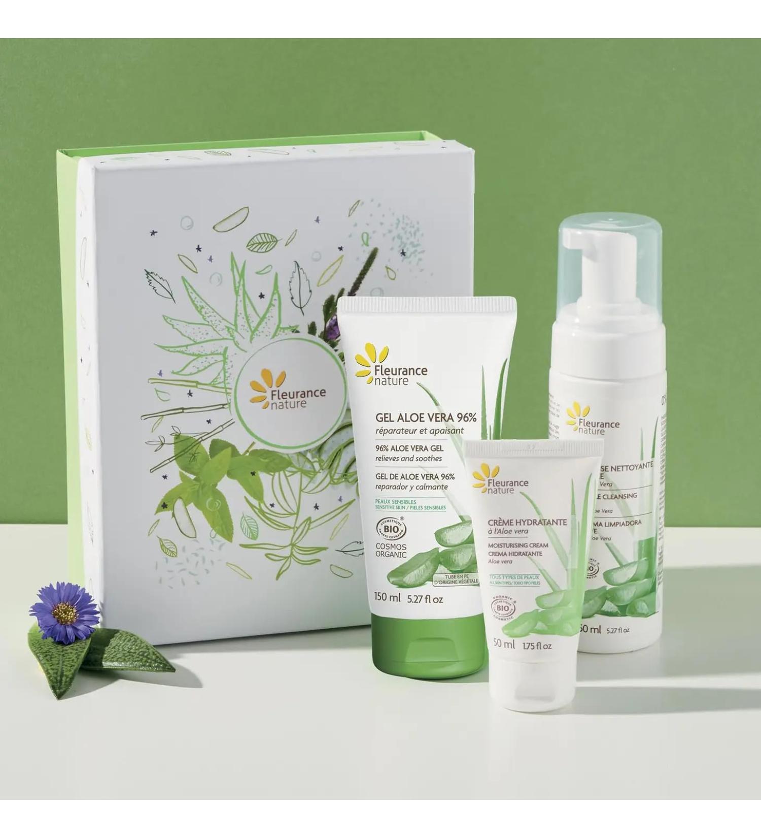 Fleurance Nature Organic Aloe Vera Gift Set, 96% Aloe Vera Gel, Moisturizing Cream, Purifying Lotion