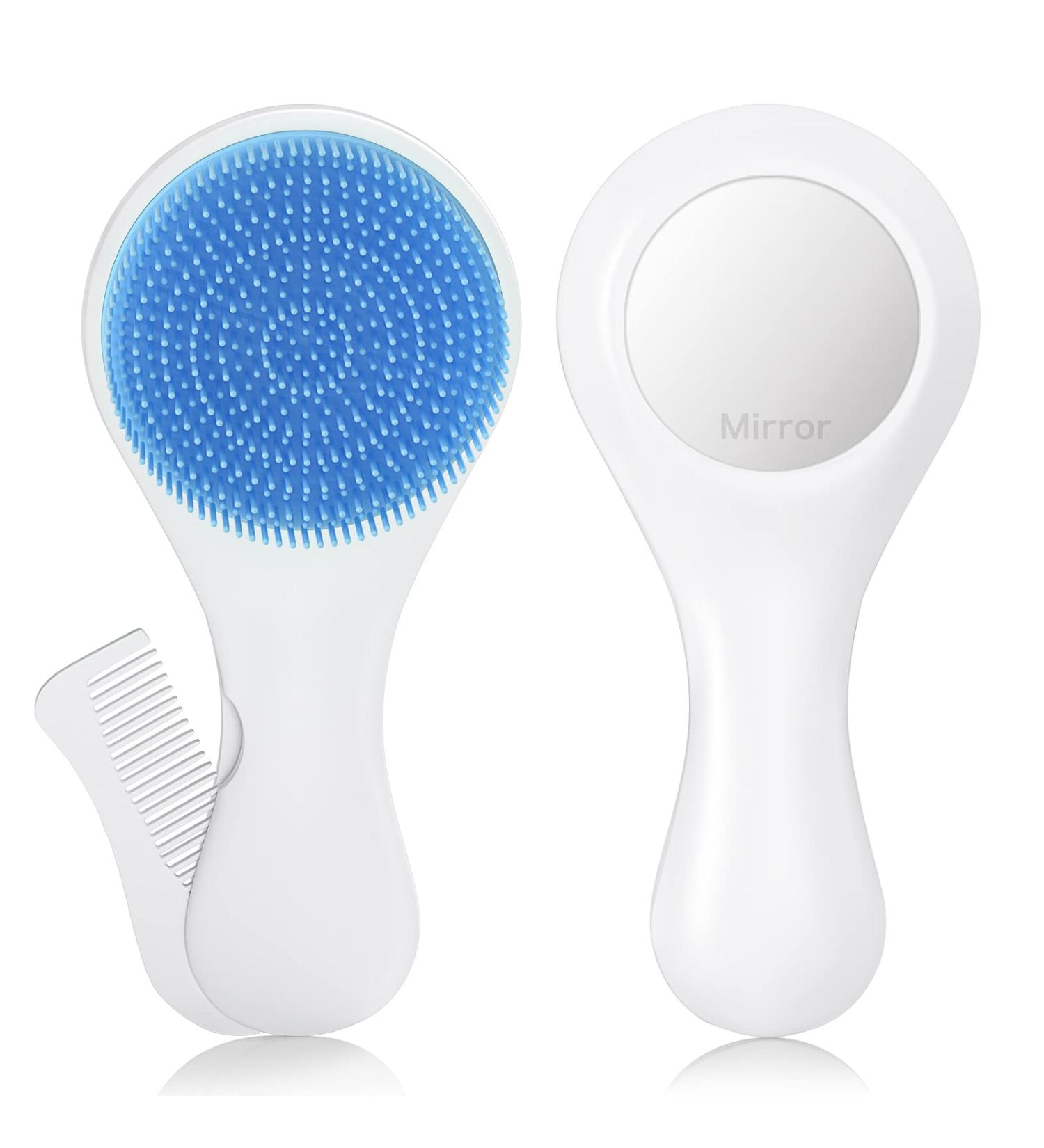 Silicone Baby Hair Brush & Comb Set with Mirror - 3 in 1 Grooming Kit for Newborns, Toddlers, Infants - Super Soft - Blue - Buy Online on GoSupps.com