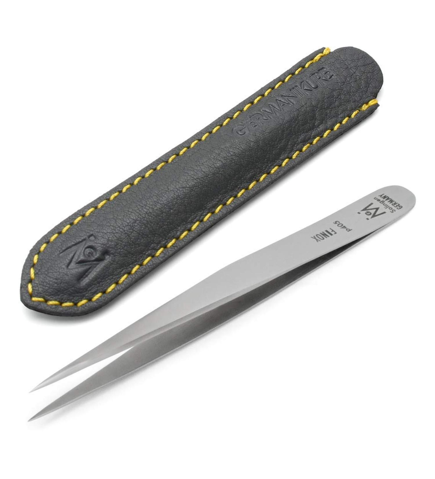 GERMANIKURE Professional Needle Pointed Tweezers - FINOX Stainless Steel in Leather Case - Ethically made in Solingen Germany - 4405