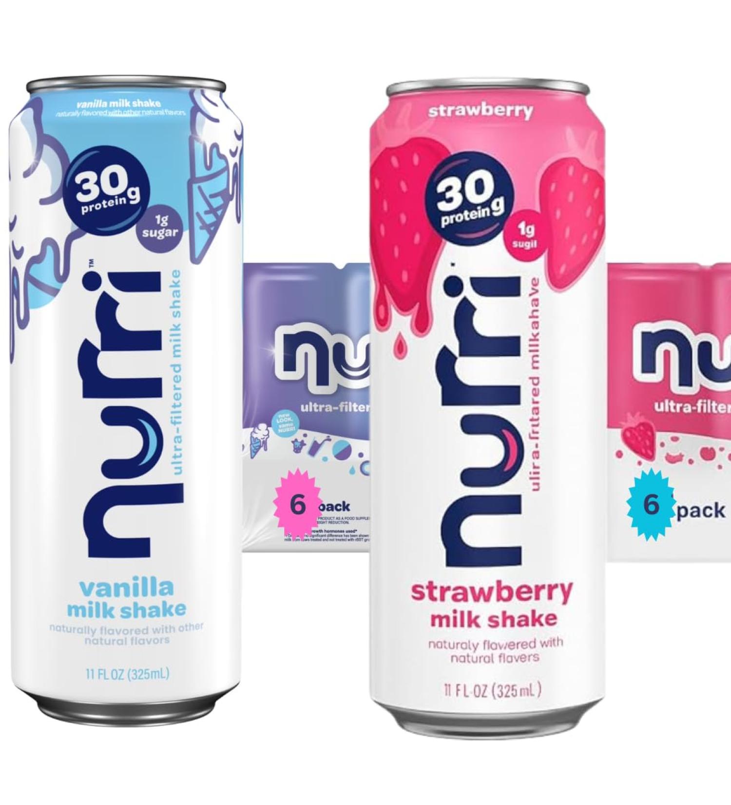 Nurri 12-Pack Ultra Filtered Milk Shake Strawberry and Vanilla Milk Shake. 6 each 30g Protein 1g Sugar 150 Calories 10 Vitamins and Minerals Per Can | 12-11 Fl Oz Cans Per Package Grade A Lactose-Free - Buy Online on GoSupps.com