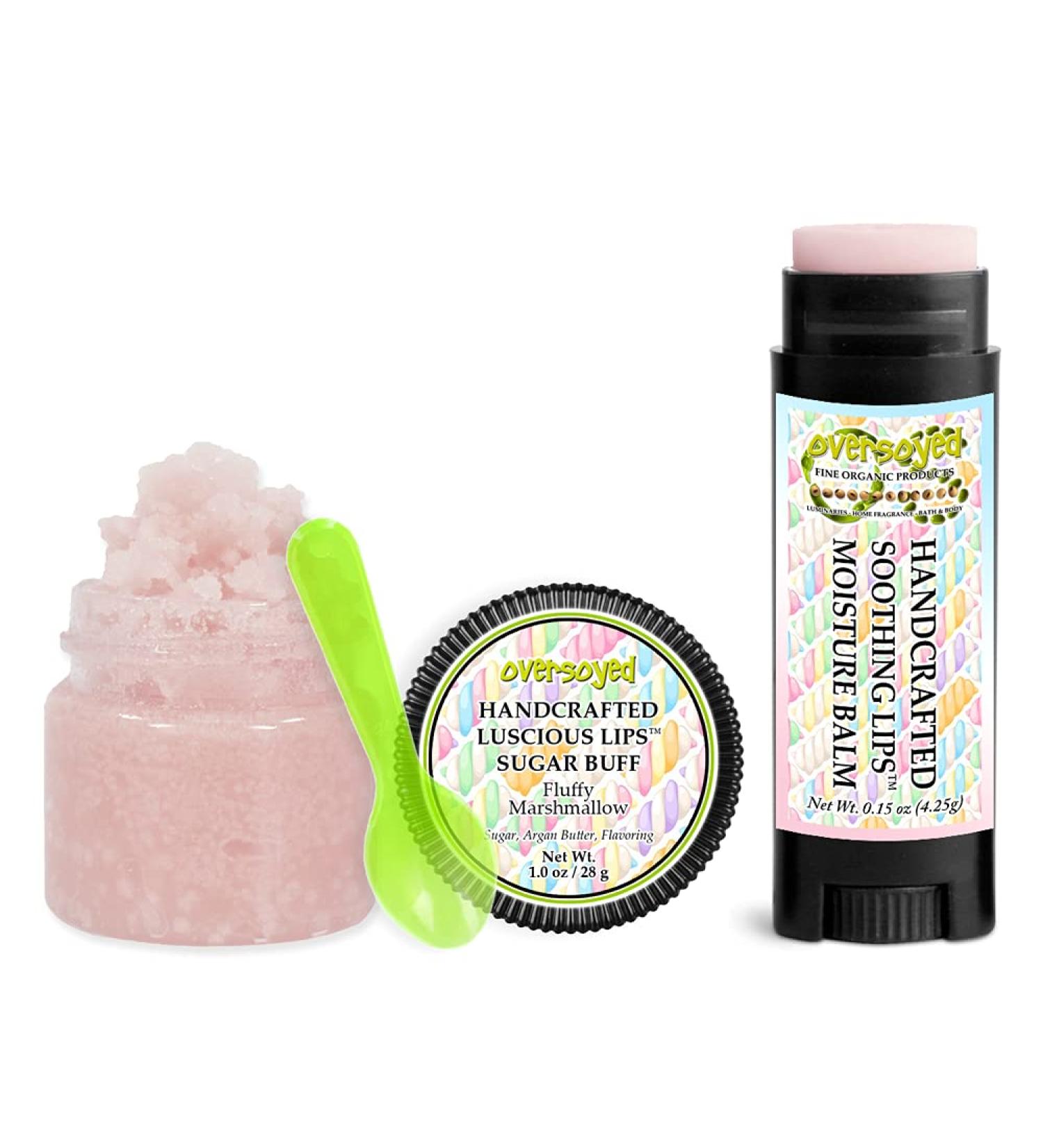 Fluffy Marshmallow Soothing & Luscious Lips by OverSoyed Exfoliator & Chapped Lip Repair Lip Care Combo | Artisan Handcrafted to Order Fluffy Marshmallow Creamy Caramel Sweet Flavored Exfoliating Sugar Lip Scrub & Lip Moist