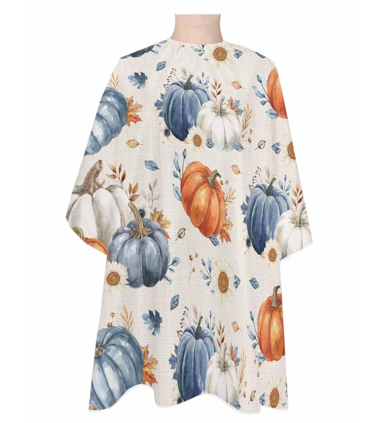 Fall Blue Orange Pumpkin Barber Cape - Adjustable Hair Cutting Cape for Women Men & Kids | Autumn Thanksgiving Retro Design 55x63 Inch - Buy Online on GoSupps.com
