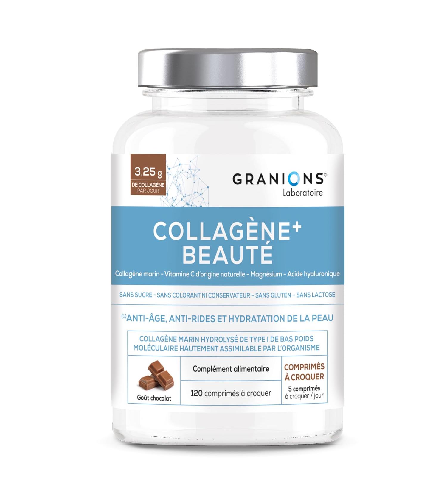 Marine Collagen + Beauty Granions Collagen and Hyaluronic Acid + Vitamin C + Acerola - Marine Collagen Food Supplement - Collagen Peptides - Chocolate Flavor - 120 Chewable Tablets - Buy Online on GoSupps.com