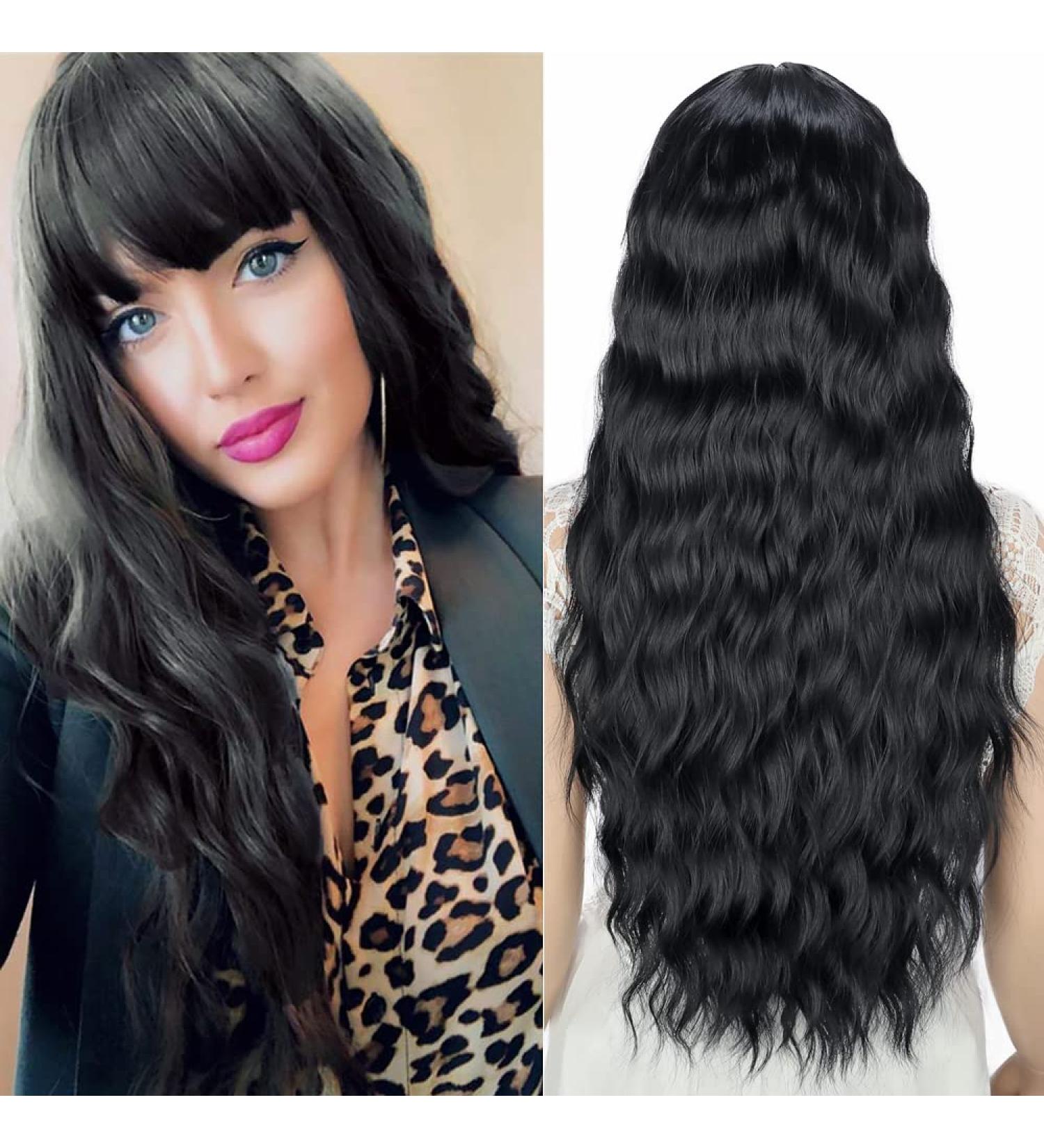 YEESHEDO Long Black Curly Wavy Synthetic Hair Wig with Fringe for Women - Perfect for Cosplay, Parties, and Everyday Wear - Buy Online on GoSupps.com