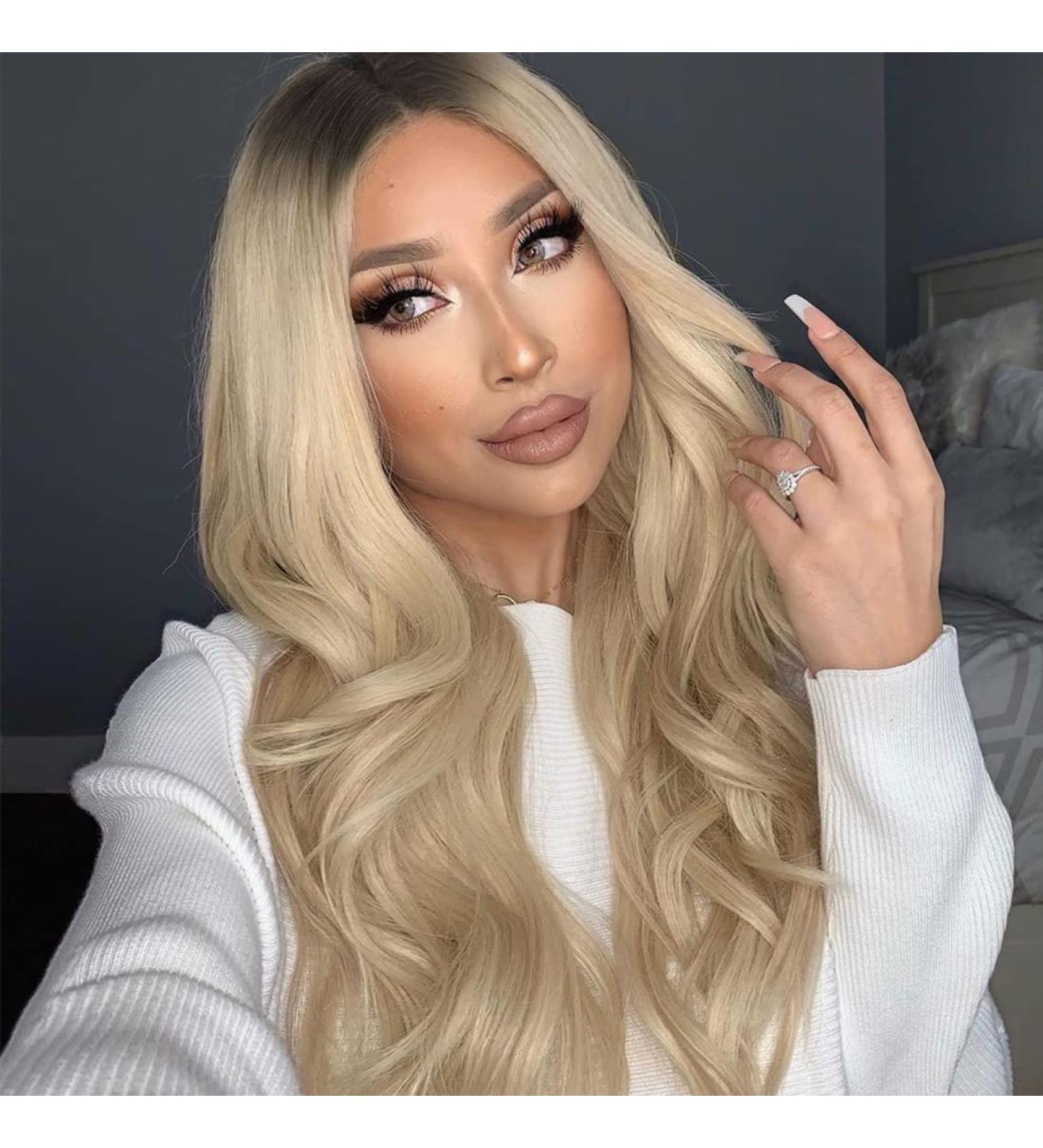 ALIMICE Long Blonde Lace Front Wig | Wavy Ombre Synthetic Hair with Dark Roots - Ideal for Parties and Daily Wear - Buy Online on GoSupps.com