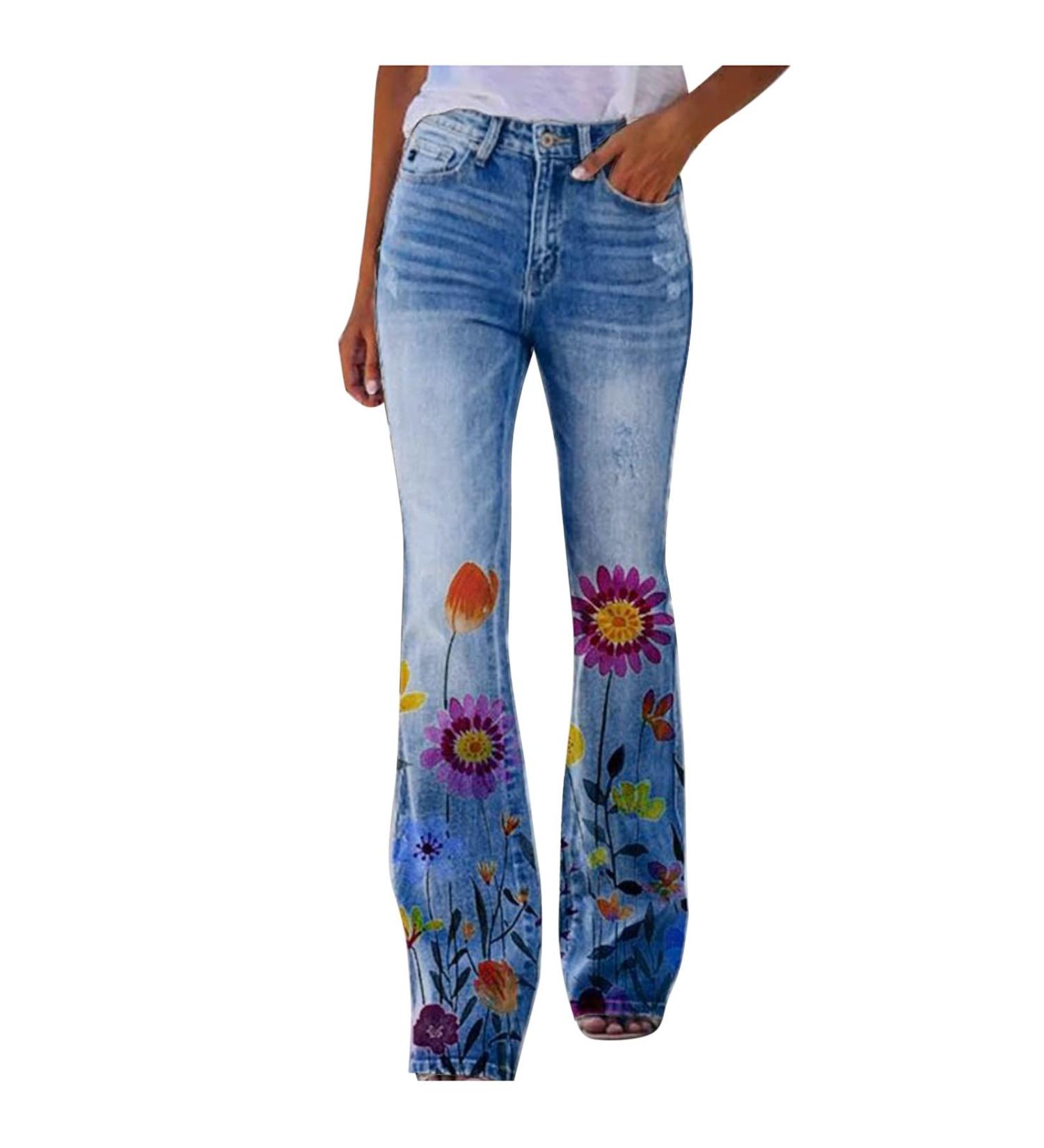 High Waist Flare Bell Bottom Jeans for Women | Distressed Hem Denim Pants - Watermelon Red | X-Large - Buy Online on GoSupps.com