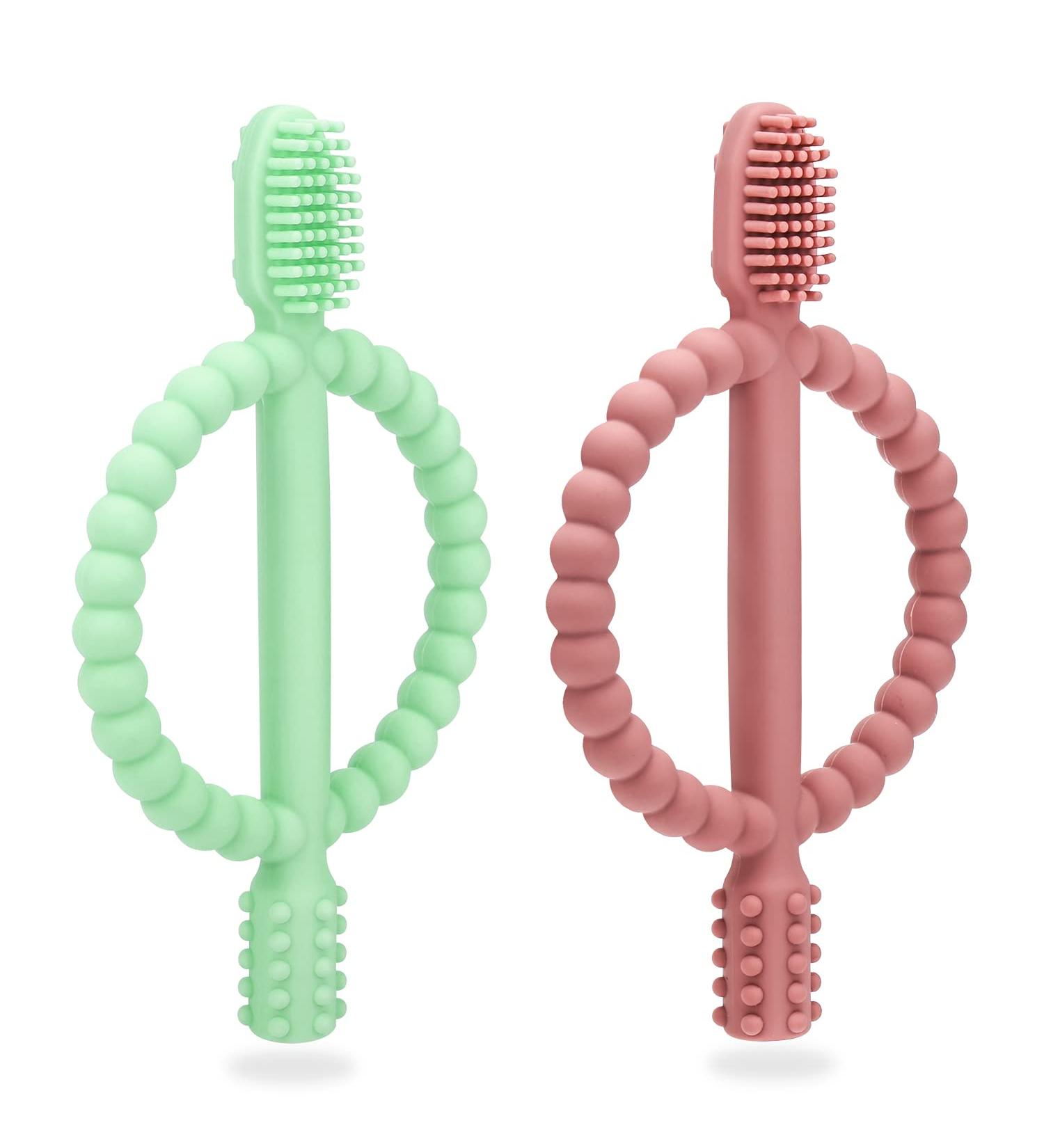 Buy BPA-Free Baby Biting Toys - 2 Pack Silicone Teething Rings for Kids Gum Massage - Bright Green & Caramel - Buy Online on GoSupps.com