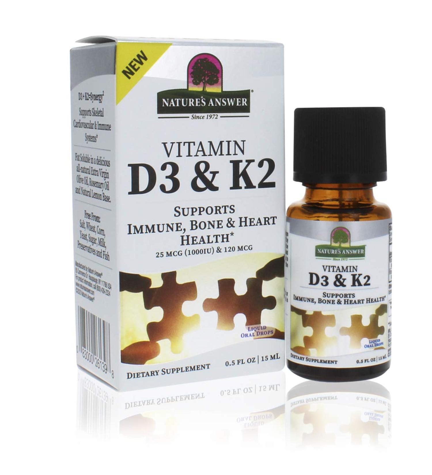 Nature's Answer Vitamin D3 & K2 Drops - 25 mcg (1000 IU) + 120 mcg - 15 ml - Buy Online on GoSupps.com