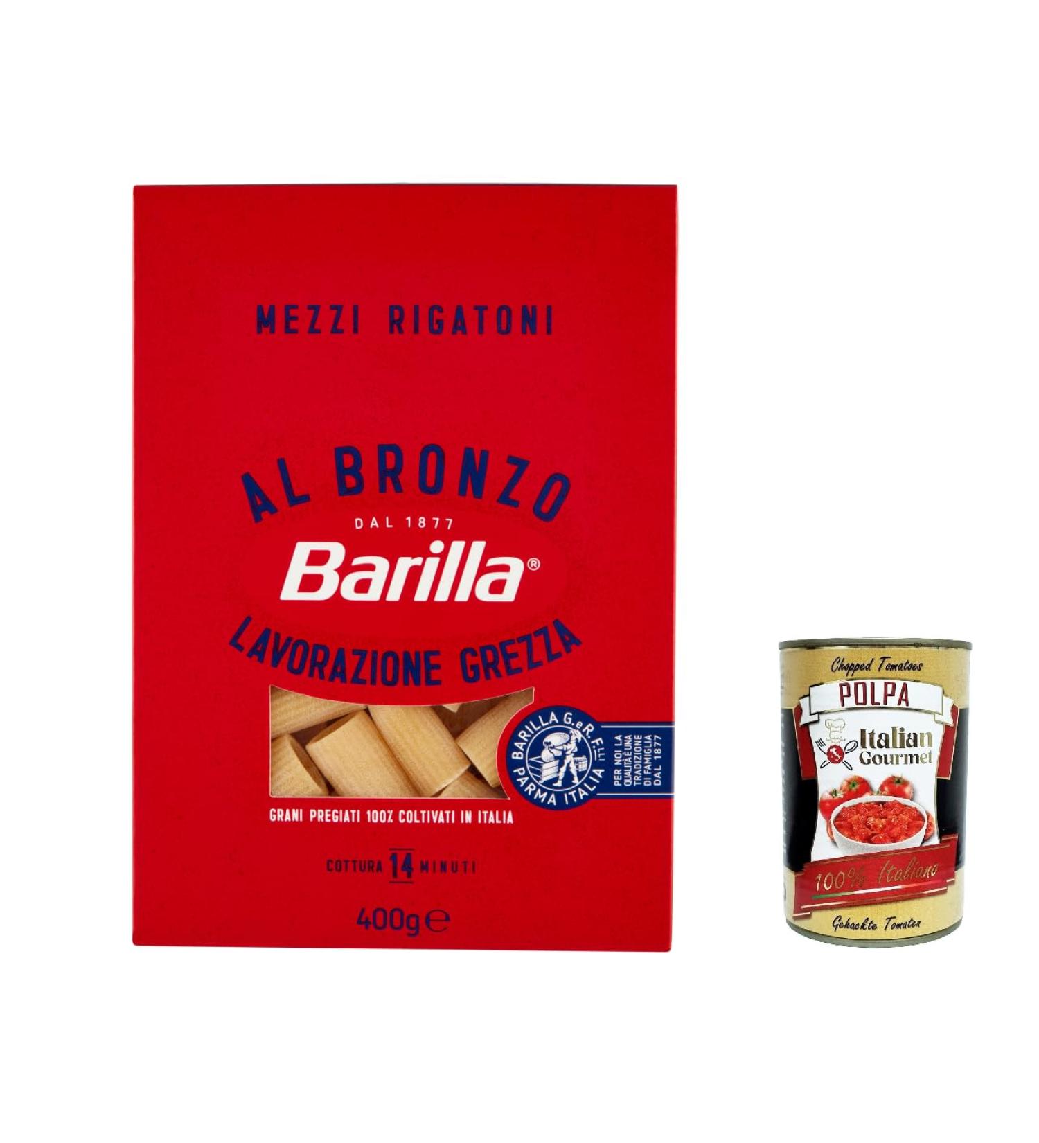  Italian Gourmet E.R. Barilla Mezzi Rigatoni al Bronzo Pack of 10 Bronze Extruded Pasta 400g Raw Processing Method + Italian Gourmet Polpa 400g - Buy Online on GoSupps.com