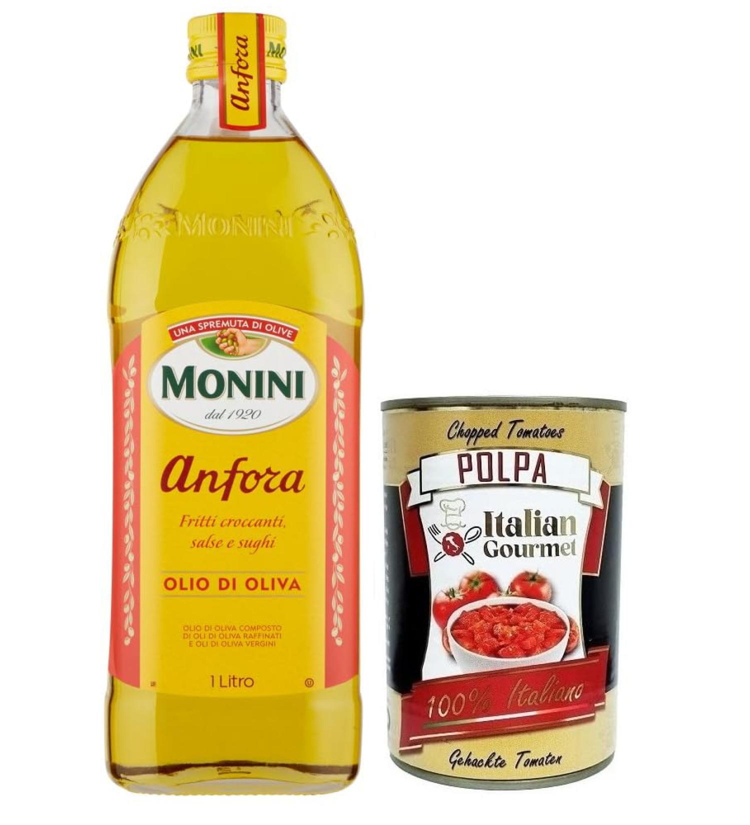  Italian Gourmet E.R. Monini Anfora Olio Di Oliva olive oil ideal for fried and crispy foods sauces and dips 1L glass + Italian Gourmet Polpa di Pomodoro 400g bottle - Buy Online on GoSupps.com