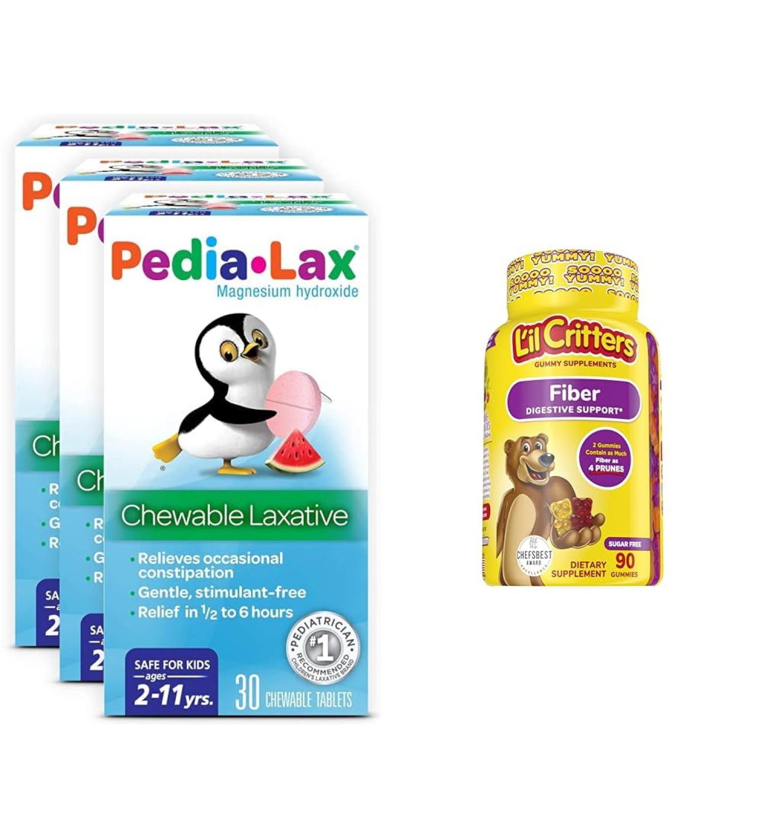 Pedia-Lax Laxative Chewable Tablets for Kids Ages 2-11 30 Count Pack of 3 + L il Critters Fiber Daily Gummy Supplement for Kids Berry and Lemon Flavors 90 Gummies - Buy Online on GoSupps.com