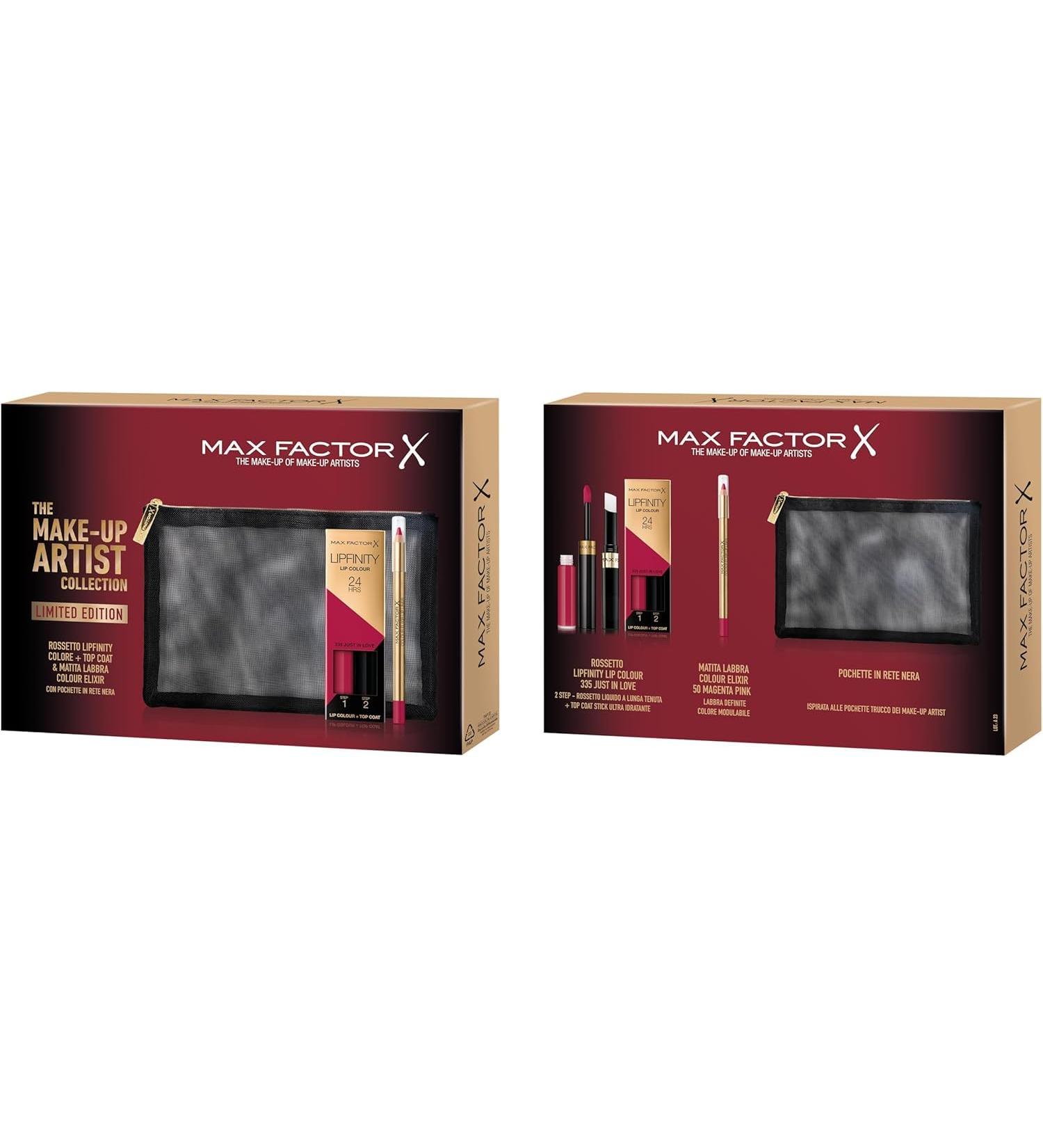 Max Factor Max Factor The Make-Up Artist Collection Gift Set: Black mesh pouch with Lipfinity 2-Phase Liquid Lipstick + Gloss Top Coat 335 Just In Love and Elixir Color Lip Pencil 50