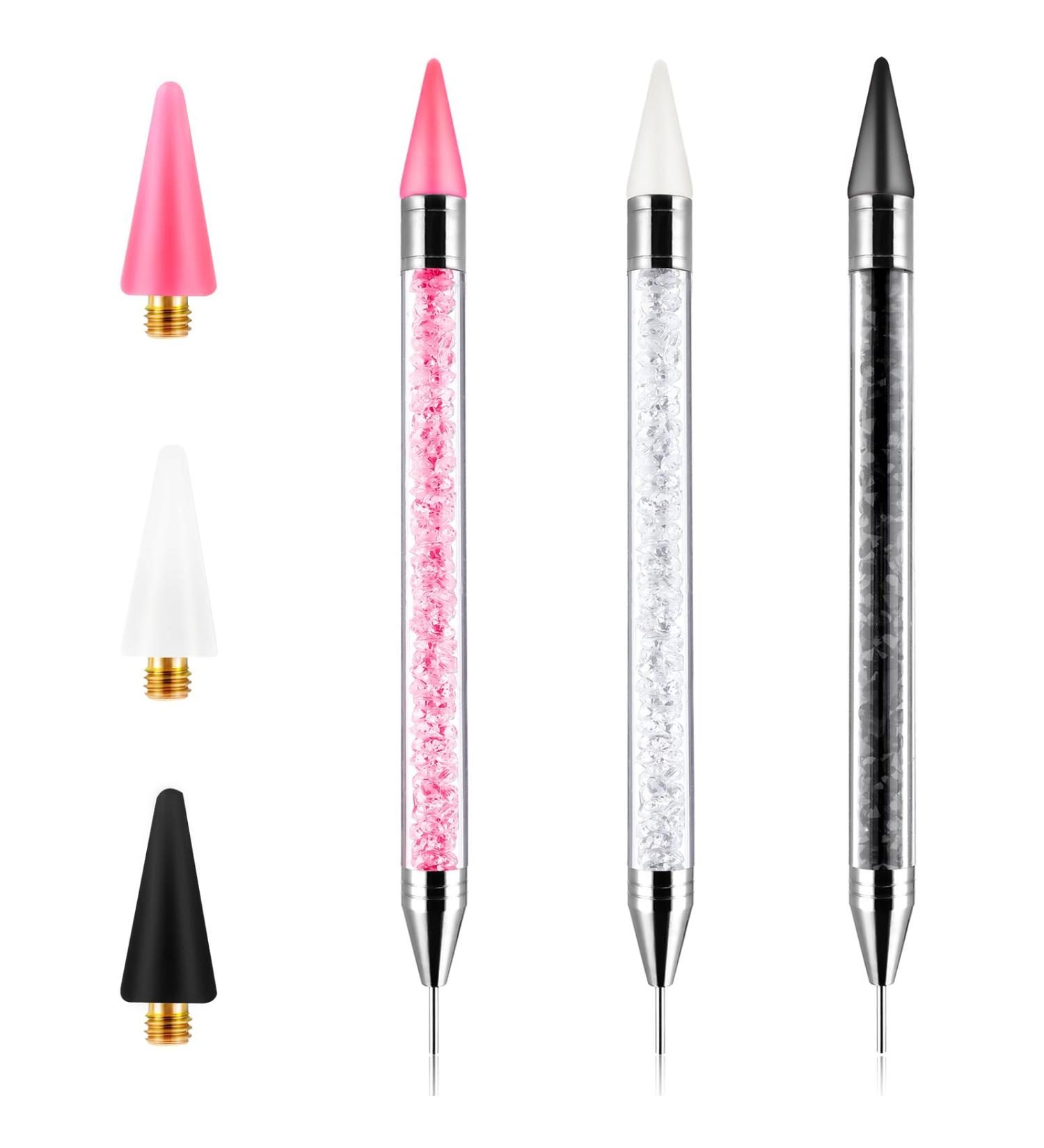 Acrylic Rhinestone Picker Set - 3 Double-ended Wax Pens for Nail Art Gemstone DIY - Includes 3 Extra Wax Tips - White Black Pink - Buy Online on GoSupps.com